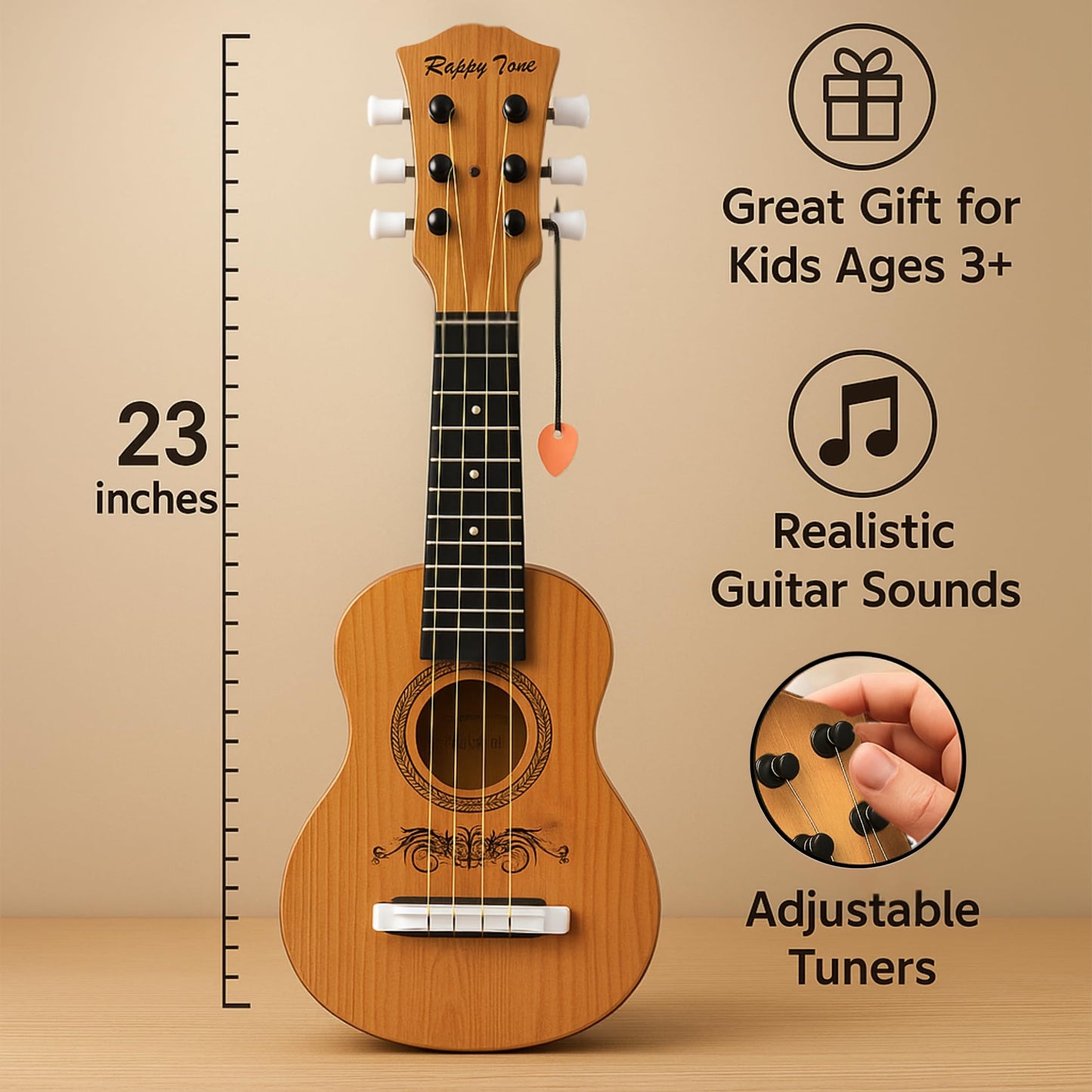 23" Acoustic Guitar, Kids 6 String Toy Guitar - Realistic Steel Strings - Beginner Practice First Musical Instrument for Children, Toddlers (Natural)