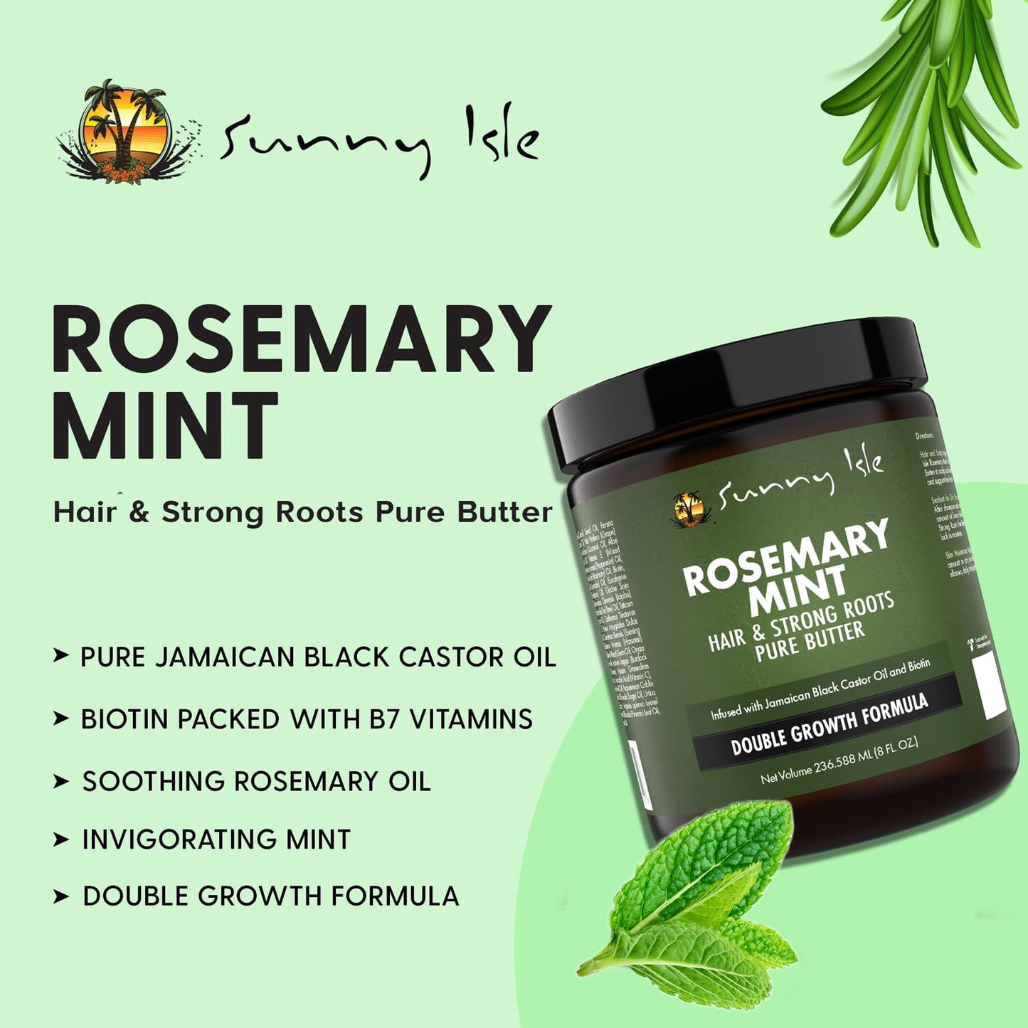 Sunny Isle Rosemary Mint Hair & Strong Roots Butter 8oz | With Biotin & Jamaican Black Castor Oil | Strengthens, Nourishes & Repairs Dry, Damaged Hair