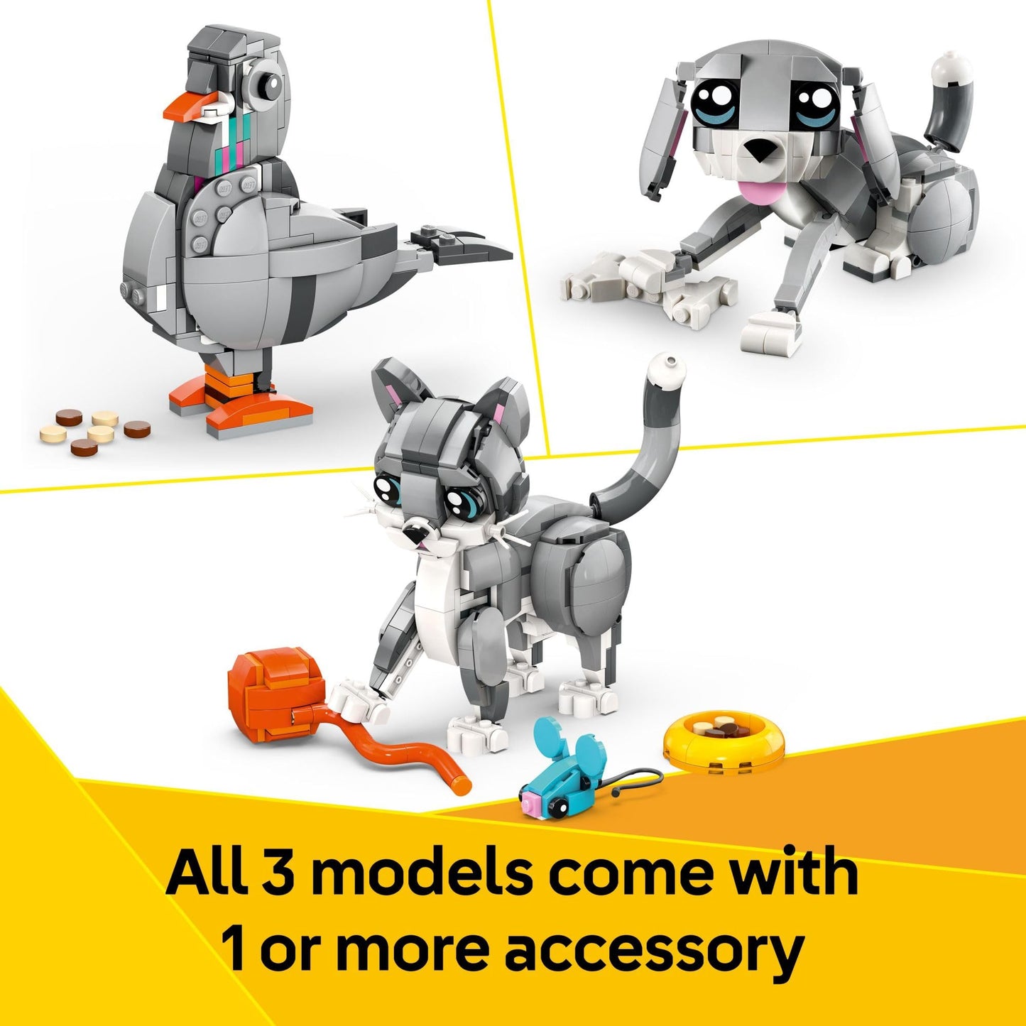LEGO Creator 3-in-1 Playful Cat Toy, Build Cat, Dog, or Pigeon – Animal Figures for Kids 8+, Birthday Gift, Set 31163