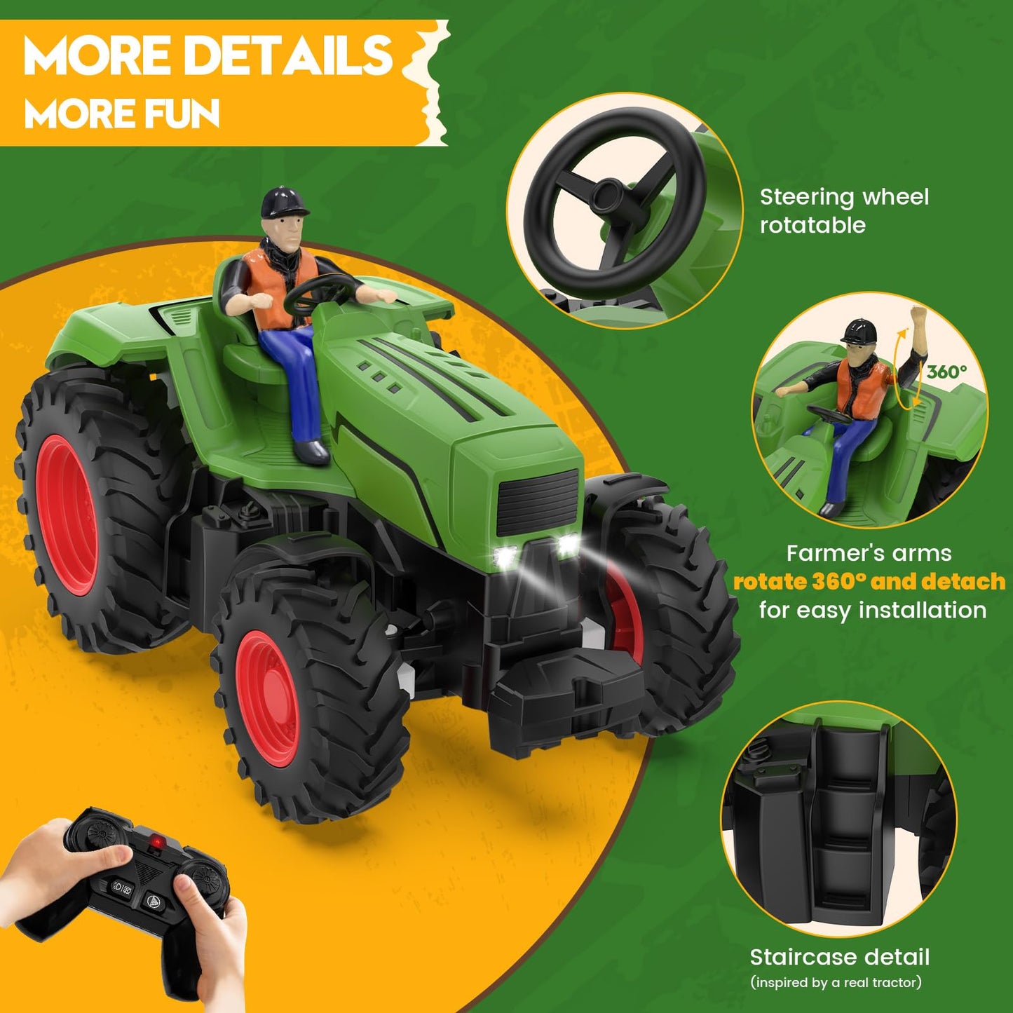 RC Tractor Toy for Kids 3-5, 1:24 Scale Remote Control Farm Tractor with Farmer & Light, Rechargeable Toddler Toy Set Birthday Gift