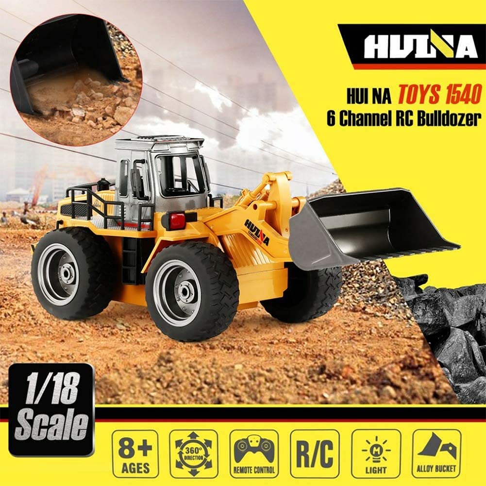 Remote Control Bulldozer Toy Truck 1:18 Scale, 4WD RC Front Loader Construction Vehicle for Kids 6+, Comes with 2 Rechargeable Batteries