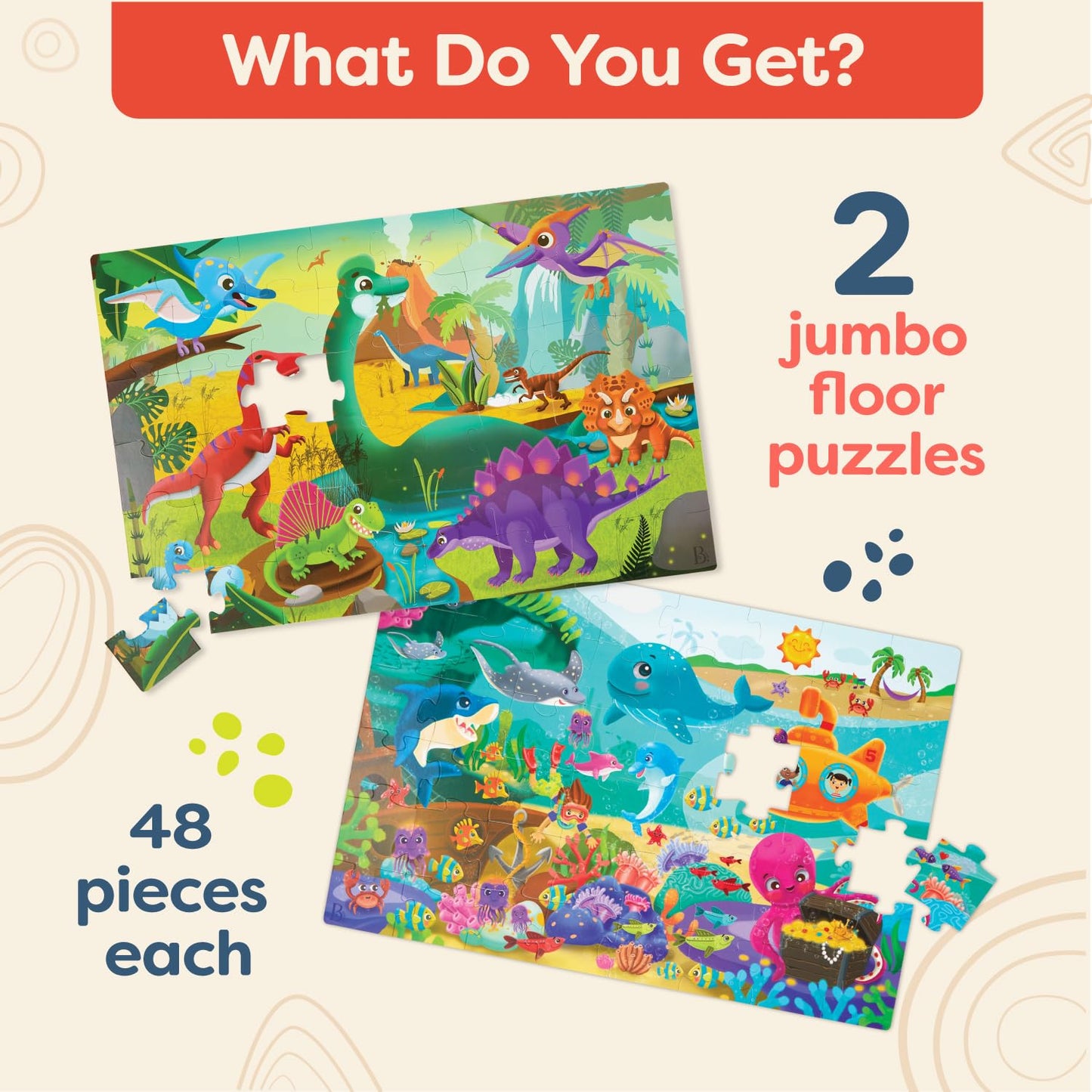 B. toys Gigantic 2-Pack Floor Puzzle – Sea & Dinosaur 48-Piece Jigsaw for Kids, 2x3 Ft Large Educational Puzzle for Toddlers 3+