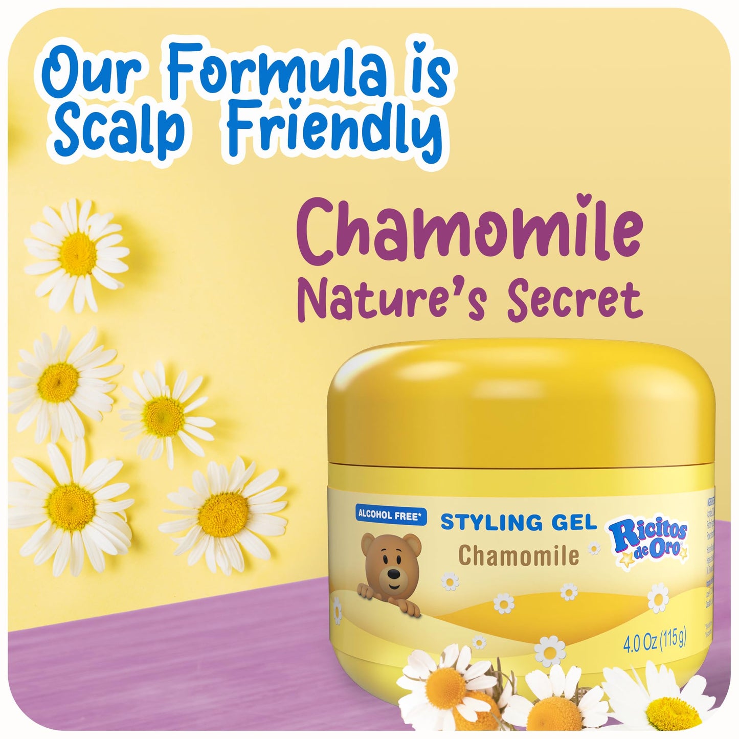 Ricitos de Oro Chamomile Hair Gel for Babies & Kids, Alcohol-Free, Non-Greasy, Hypoallergenic, Tear-Free, Gentle Daily Use, 4.05 Oz, 3-Pack