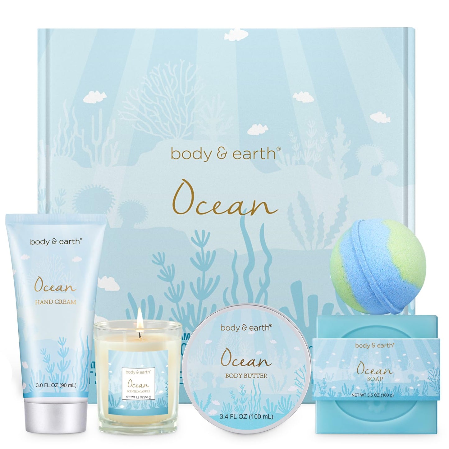 Bath & Body Gift Set for Women – 5-Piece Ocean Scent Spa Gifts with Candle, Body Butter, Hand Cream & Bath Bomb, Christmas Present