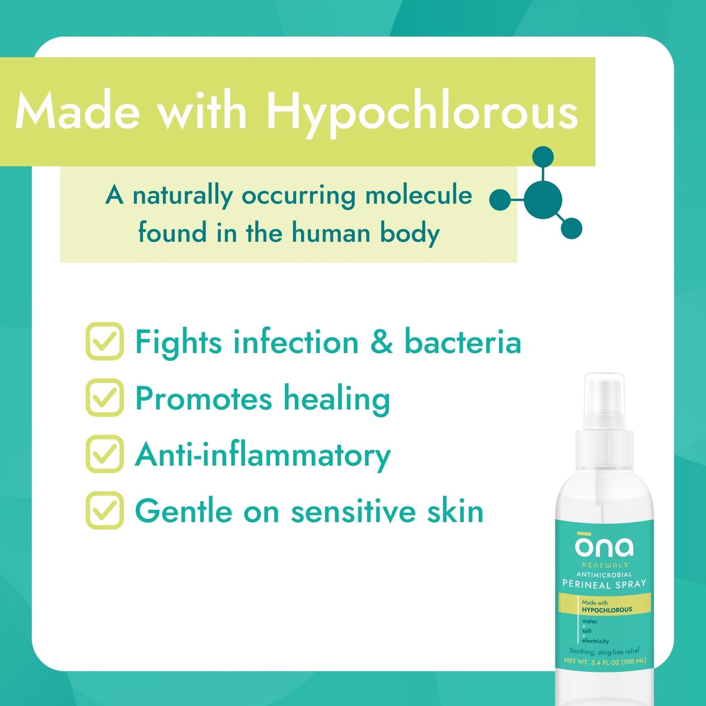 Ona Renewals Hypochlorous Acid Perineal Spray, Postpartum Care, Antimicrobial, Soothing Anti-Itch Cleanser, 3.4 fl oz