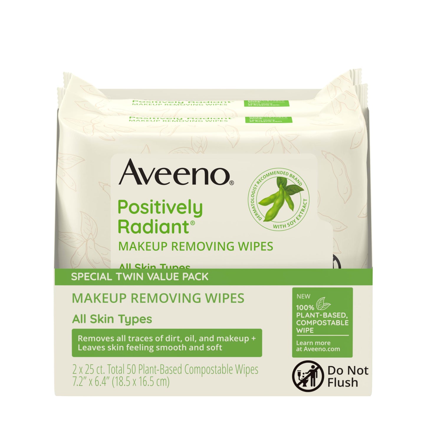 Aveeno Positively Radiant Alcohol-Free Makeup Removing Face Wipes, Gentle, Non-Comedogenic, Plant-Based, Compostable, 50 Count (2x25)