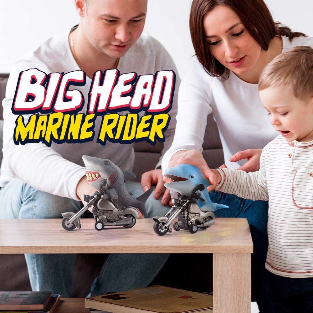 DINOBROS Shark Toy Car 2 Pack Friction Powered Motorcycle Monster Sea Animal Game Great White Shark and Dolphin Toys