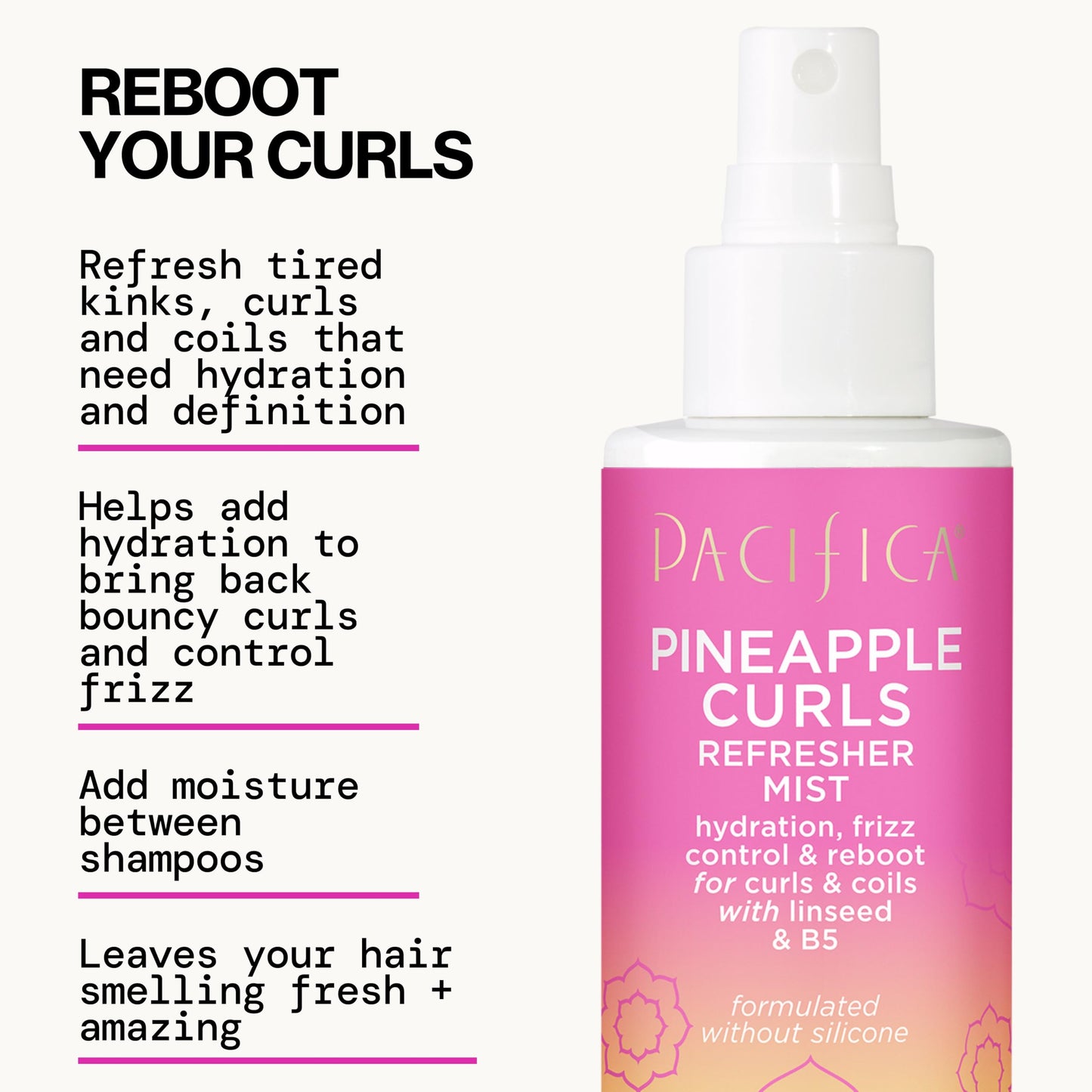 Pacifica Pineapple Curls Refresher Mist - Curl Spray with Hyaluronic Acid, Vitamin B5 & Plant Oils - Vegan, Dermatologist Tested - 4 Fl Oz