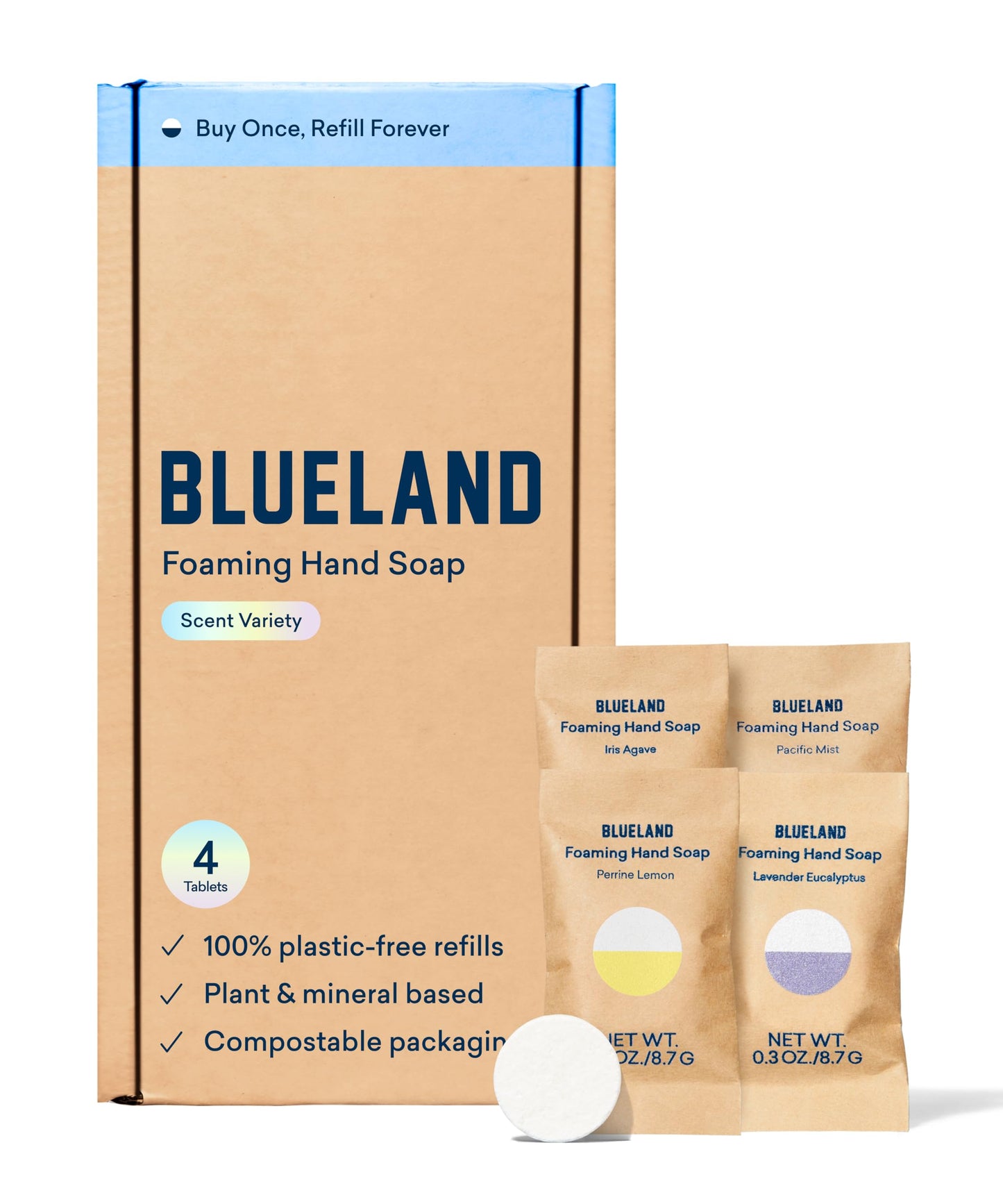 BLUELAND Foaming Hand Soap Refill Tablets, 4-Pack, Variety Pack Scents, Eco Friendly Cleaning Products, 4 x 9 Fl oz
