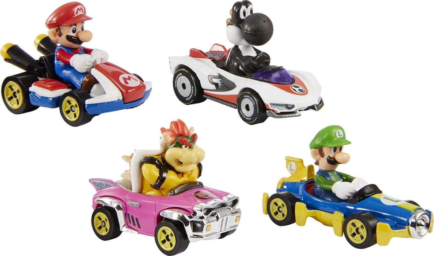 Hot Wheels Mario Kart Set of 4 Die-Cast Toy Cars with Attached Character Drivers, Includes Black Yoshi (Amazon Exclusive)