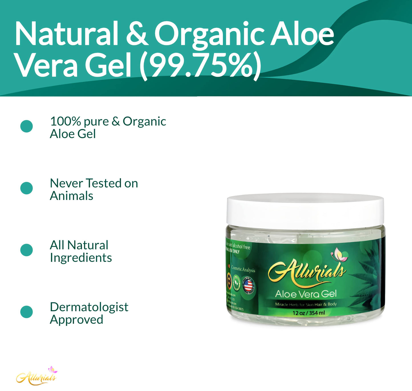 Allurials 99.75% Pure Organic Aloe Vera Gel, Made in USA, Clinically Tested, Dermatologist Approved, Hydrates & Heals Skin & Hair, 12oz