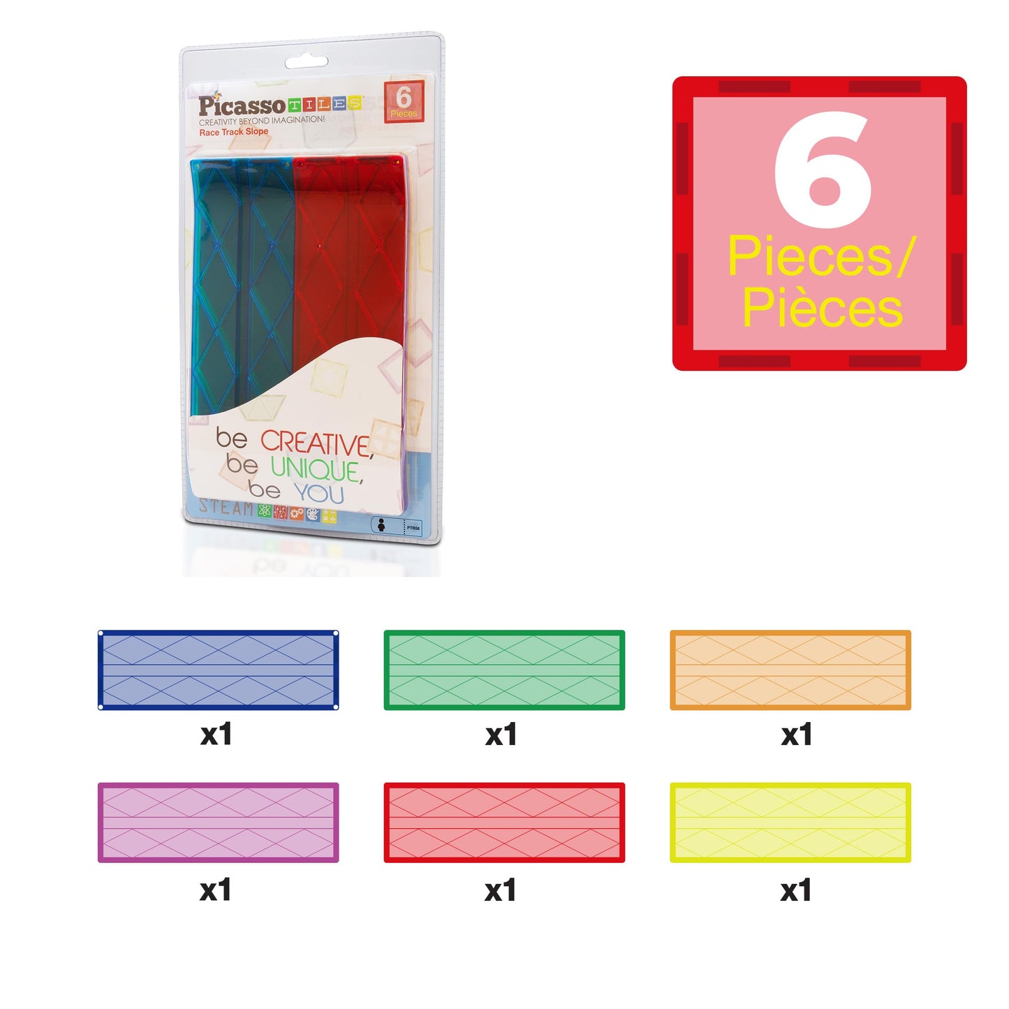 PicassoTiles 6-Piece Magnetic Tiles Race Track Accessories - STEM Building Blocks for Kids, Educational Construction & Creative Play PTR06