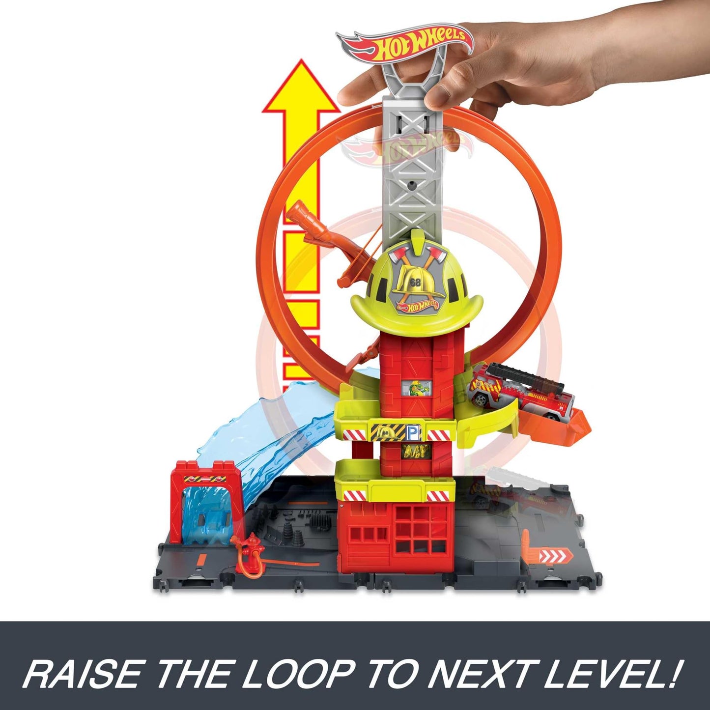 Hot Wheels City Fire Station Playset with 1 Car, Kid-Powered Elevator, Super Loop, Water-Style Ramp & Track Features, Connectable