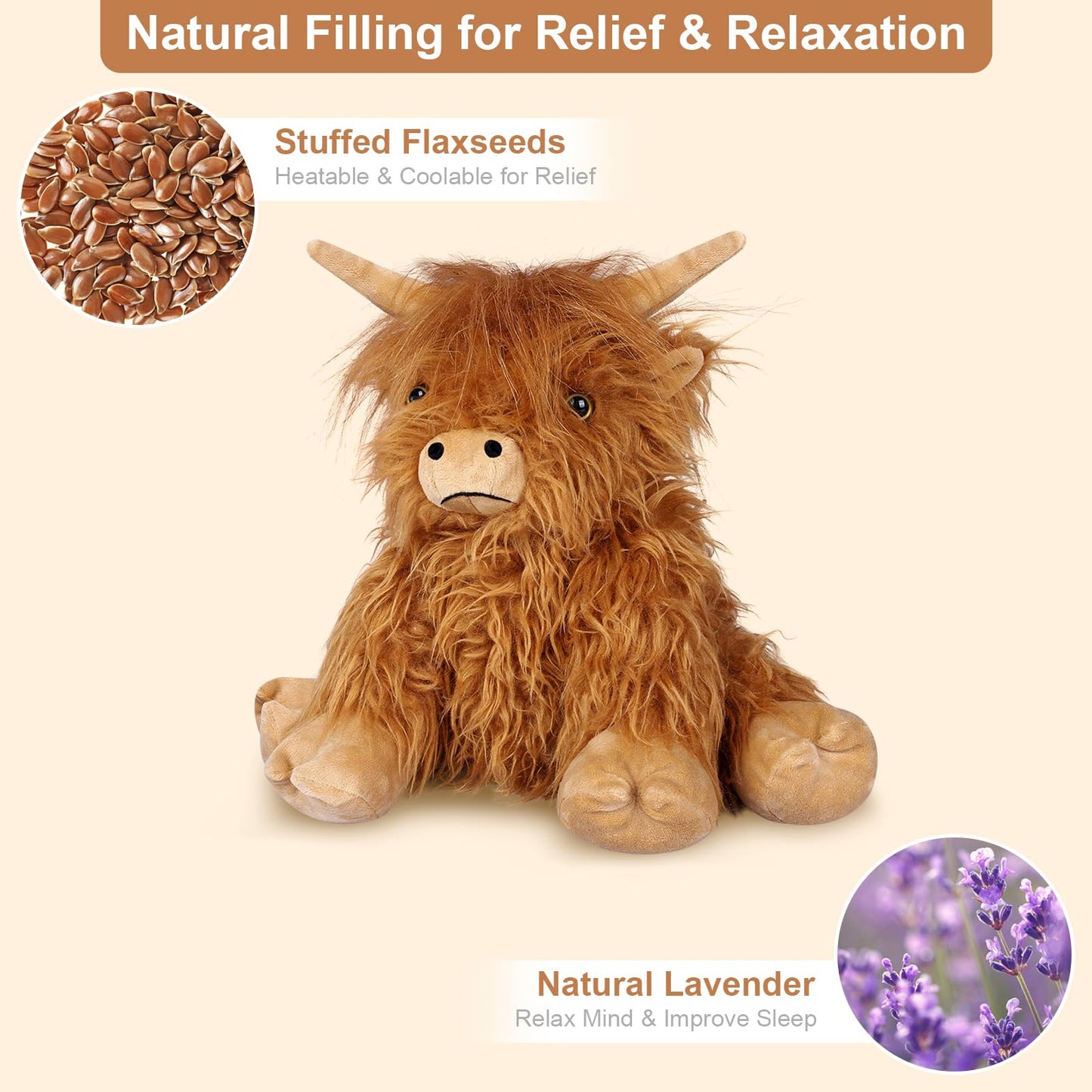 SuzziPals Highland Cow Plushie – Microwavable & Freezable, Lavender Scented Heating Pad for Stress Relief, Relaxation & Gifts
