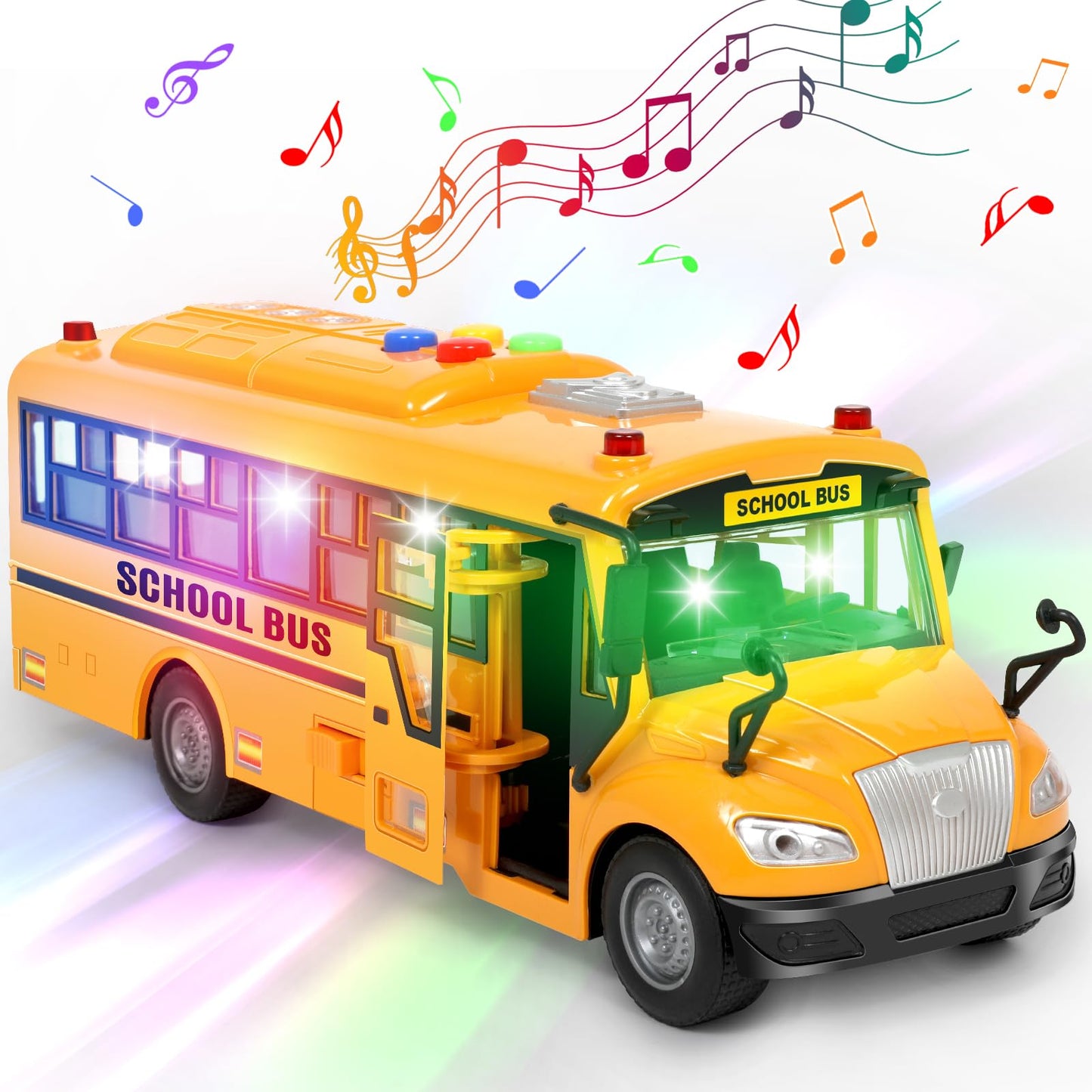 Yellow School Bus Toy for Toddlers 1-3 – Friction-Powered, Light & Sound, Back & Side Doors Open, Flashing Lights, Birthday Gift for Kids