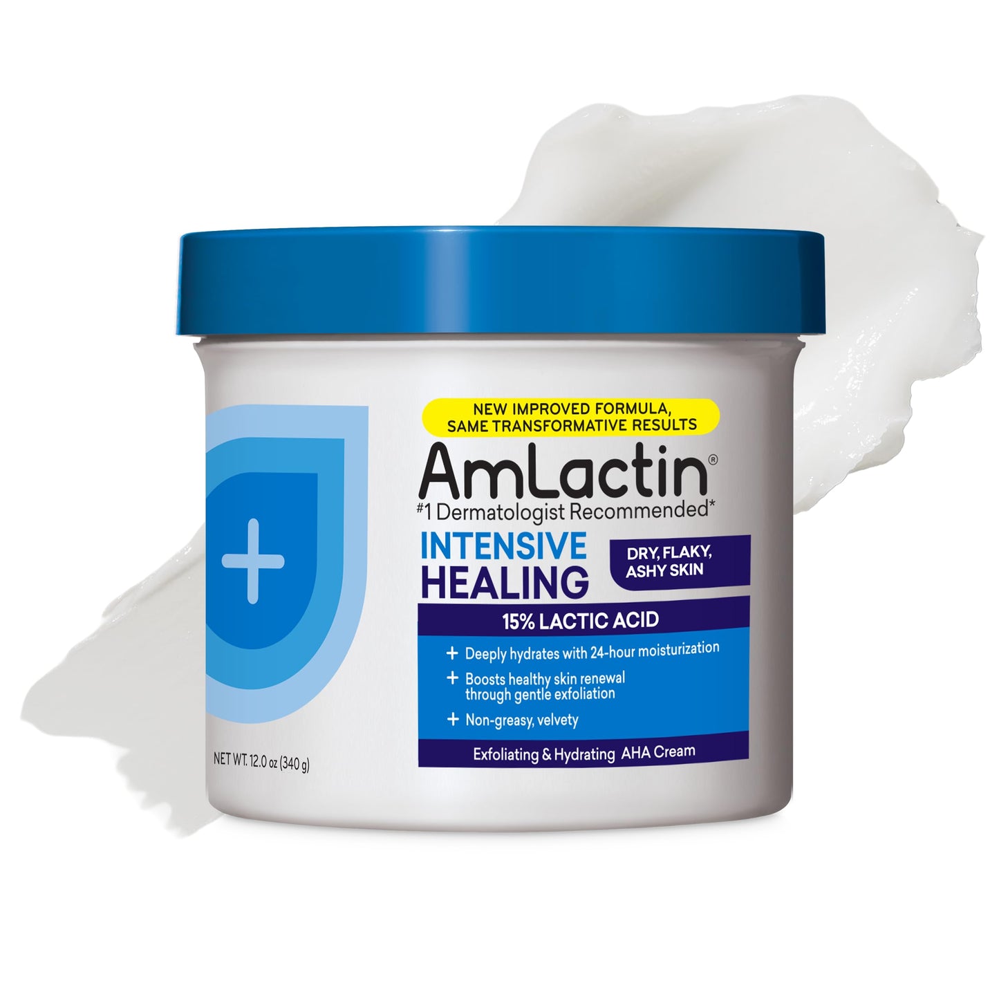 AmLactin Intensive Healing Body Cream 12 oz – 2-in-1 Exfoliator & Moisturizer with 15% Lactic Acid & Ceramides for 24-Hour Dry Skin Relief