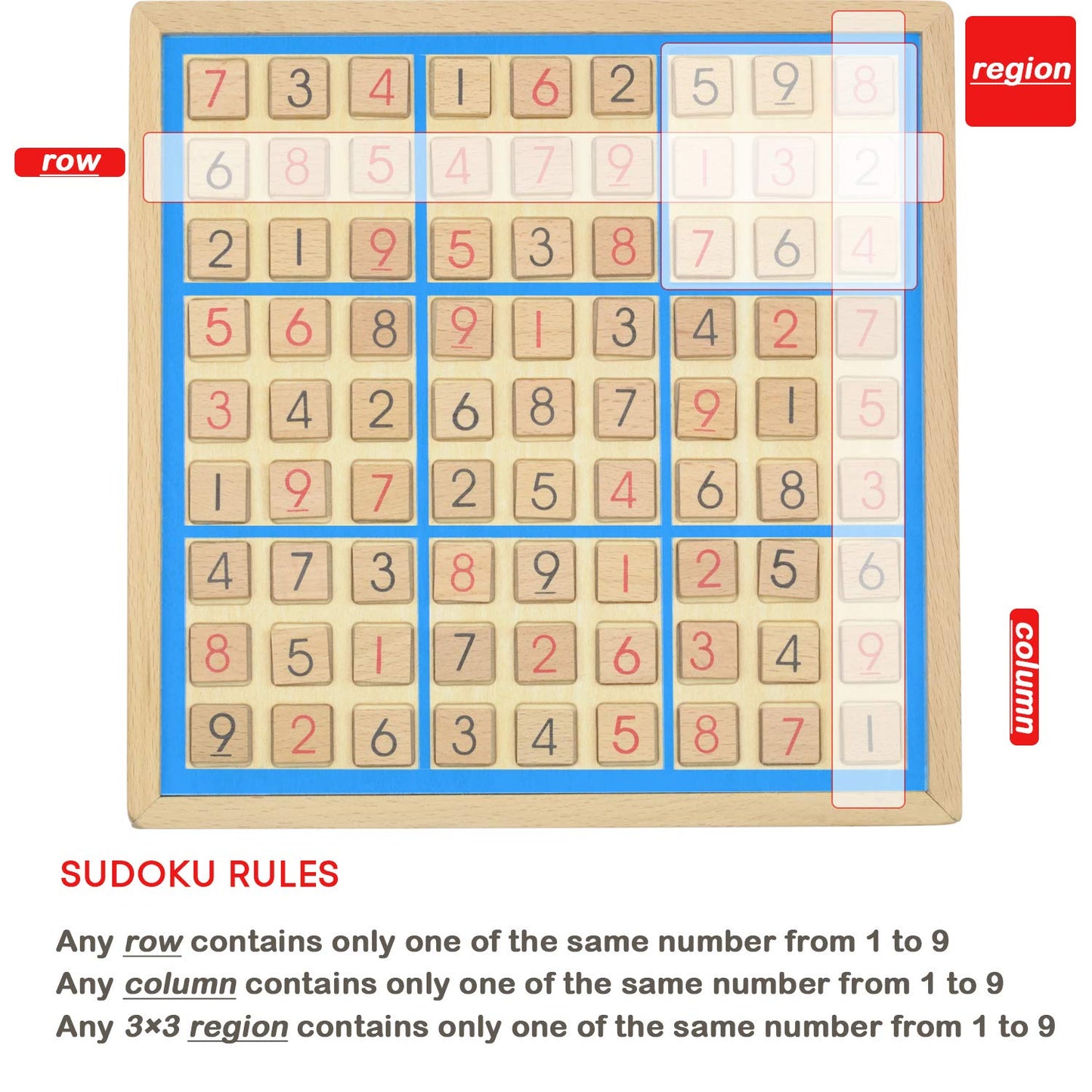 KAILIMENG Wooden Sudoku Board Game with Drawer - 81 Grids Number Place Wood Puzzle for Kids and Adults (Blue Line)