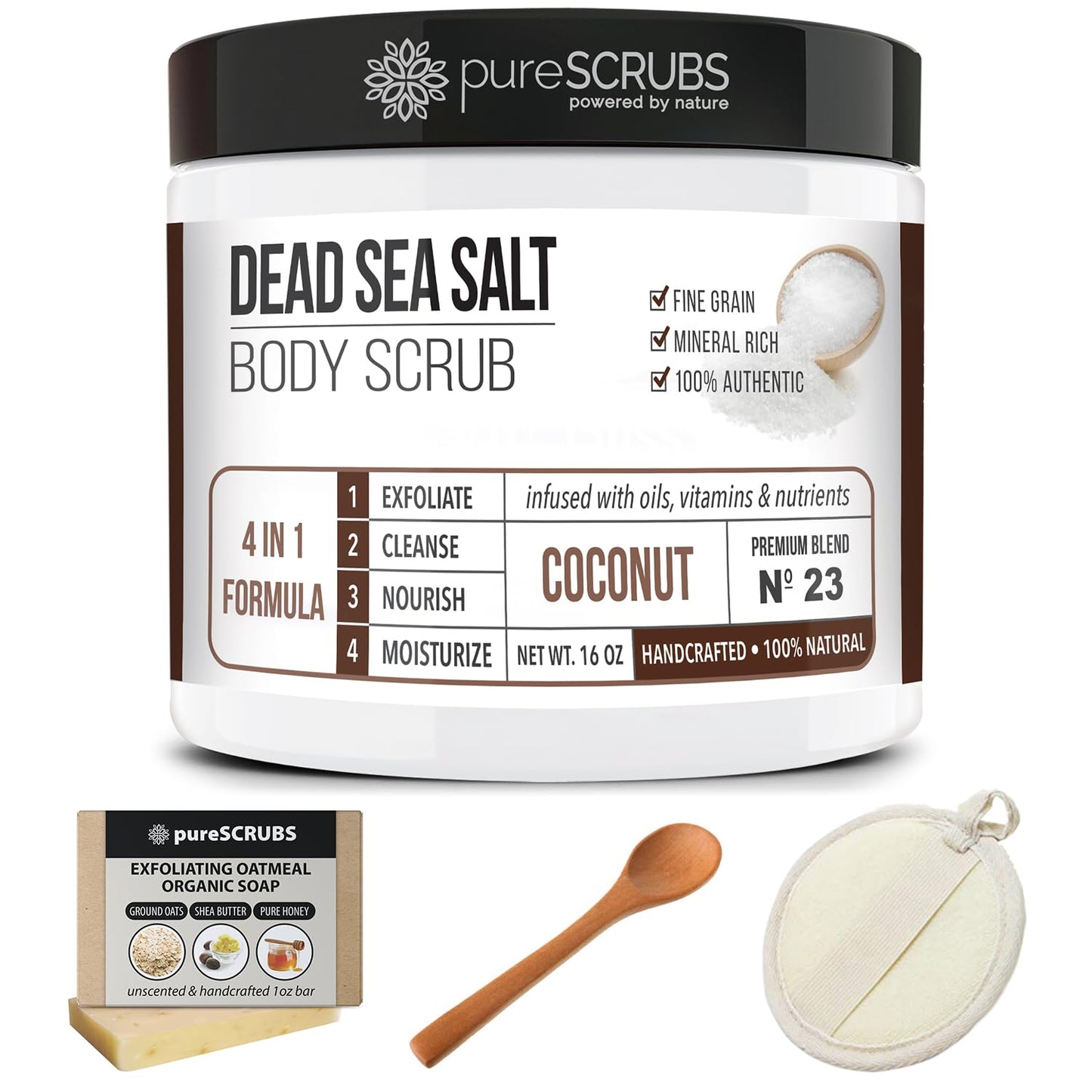 pureSCRUBS Premium Coconut Body Scrub Set, 16oz Dead Sea Salt Scrub with Essential Oils, Includes Loofah, Wooden Spoon & Oatmeal Soap