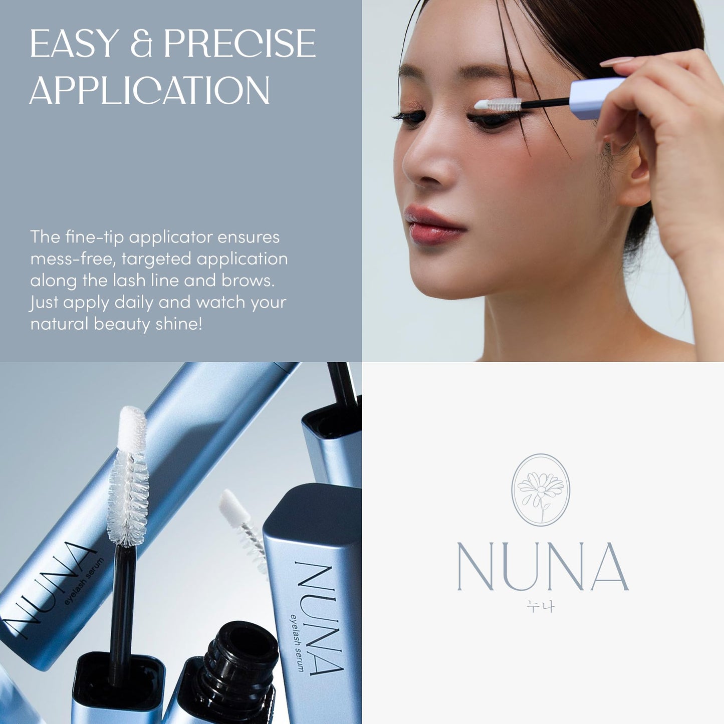 NUNA Eyelash & Eyebrow Growth Serum 6ml – Biotin, Korean Peptides & Natural Extracts – Promotes Longer, Fuller Lashes & Brows, 6-Month Supply