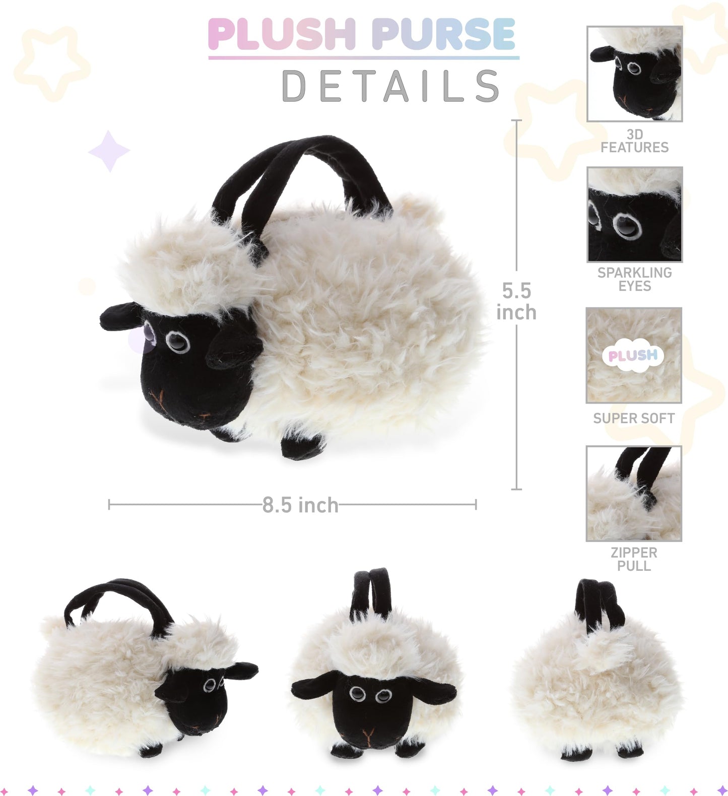 DolliBu Black Nose Sheep Plush Handbag - Super Soft Plush Stuffed Animal Purse for Children's Accessories, Kids Hand Bag Toy Purse for Girls & Boys