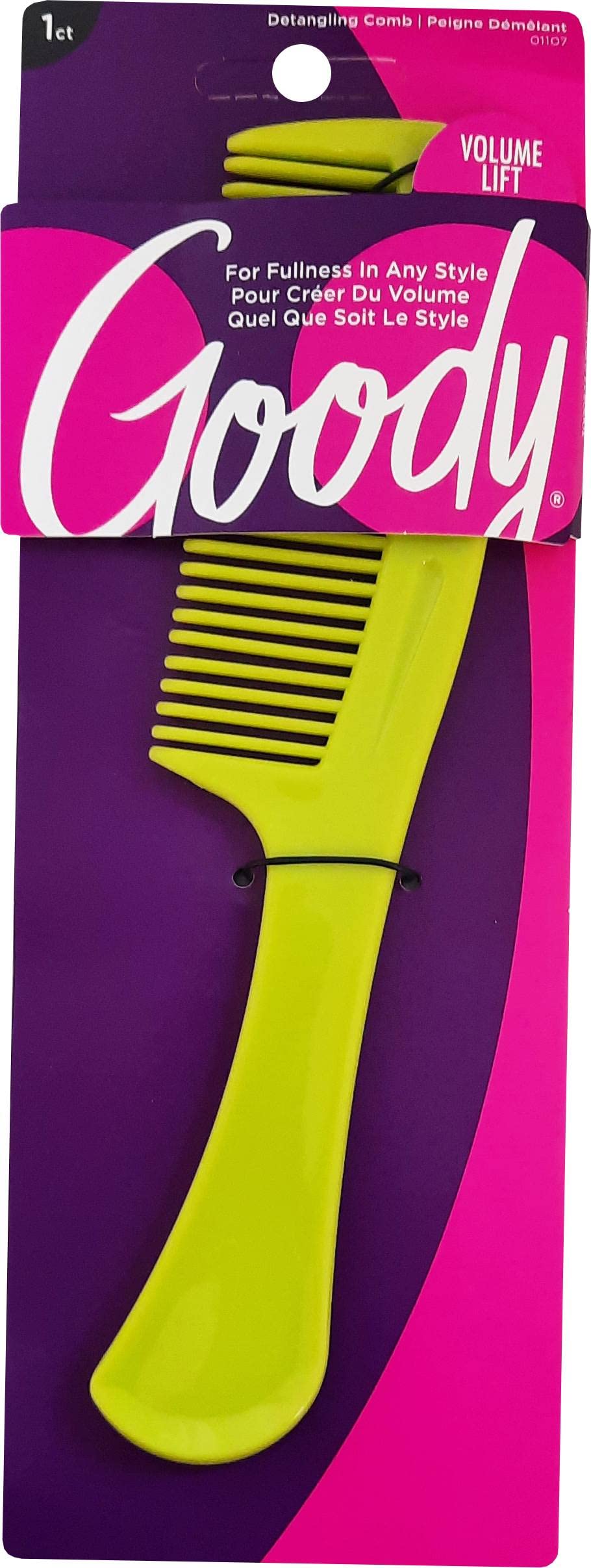 Yellow comb with packaging featuring the brand 'Goody' on a purple and pink background.