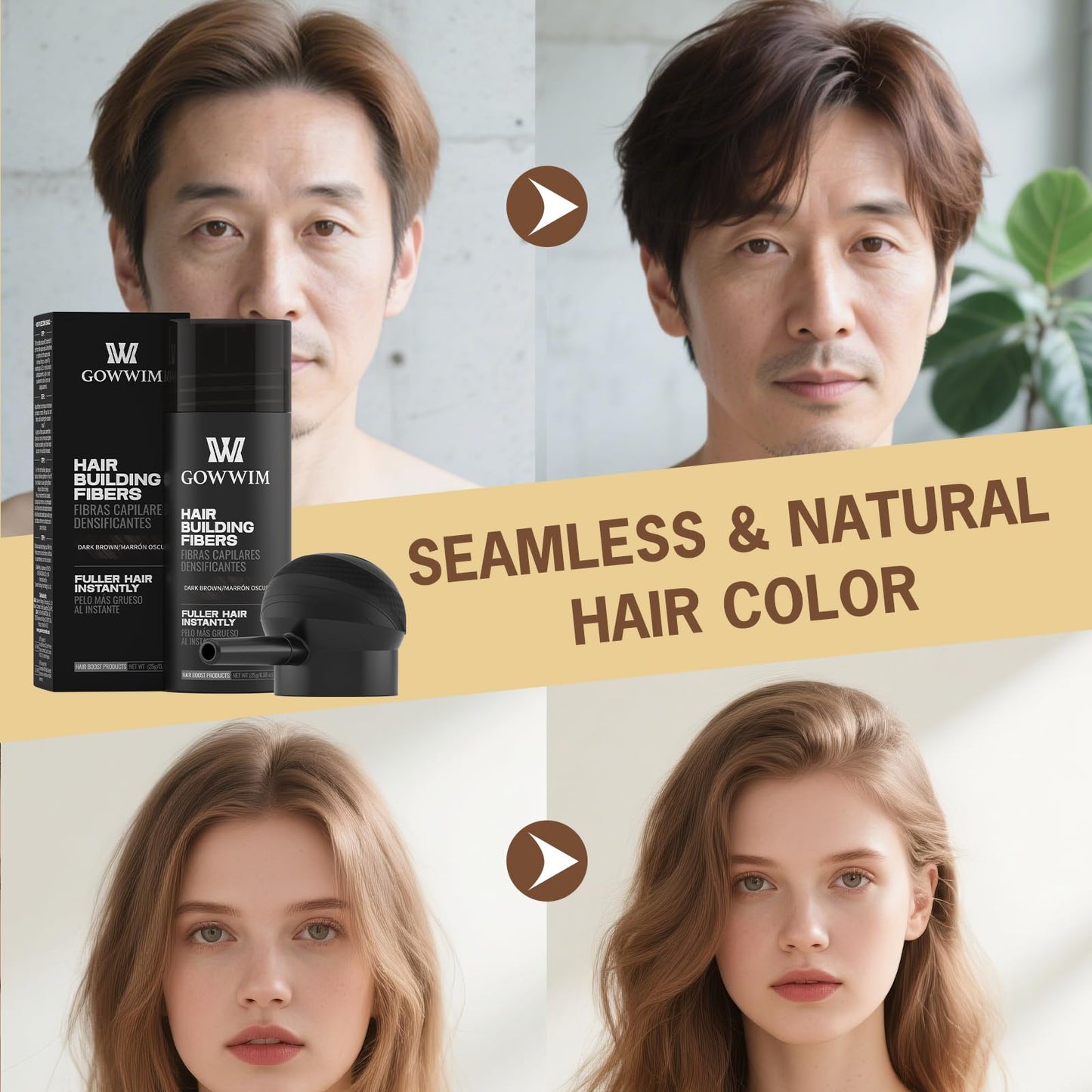 gowwim Hair Thickening Fibers 2-in-1 Kit Keratin Building Fibers, Spray Applicator & Hold Spray - Instantly Volumize Sparse Areas (Black)