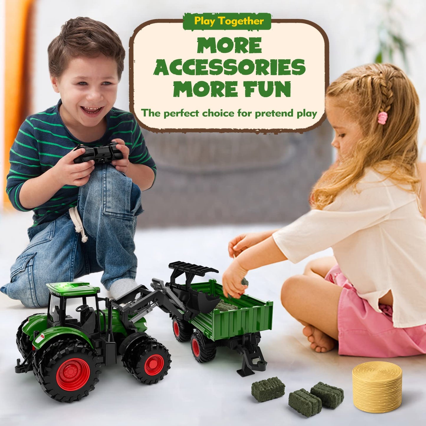 Uarzt RC Tractor Toy Set with Truck, Trailer & Front Loader, Metal 8-Wheel Vehicle with Lights – Farm Toy for Kids 3-9 Years Birthday Gift