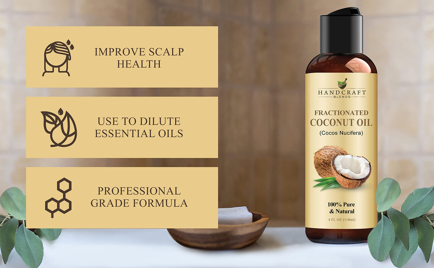 Handcraft Blends Fractionated Coconut Oil - 4 Fl Oz - 100% Pure and Natural - Premium Grade Carrier Oil for Skin and Hair - Hair and Body - Massage
