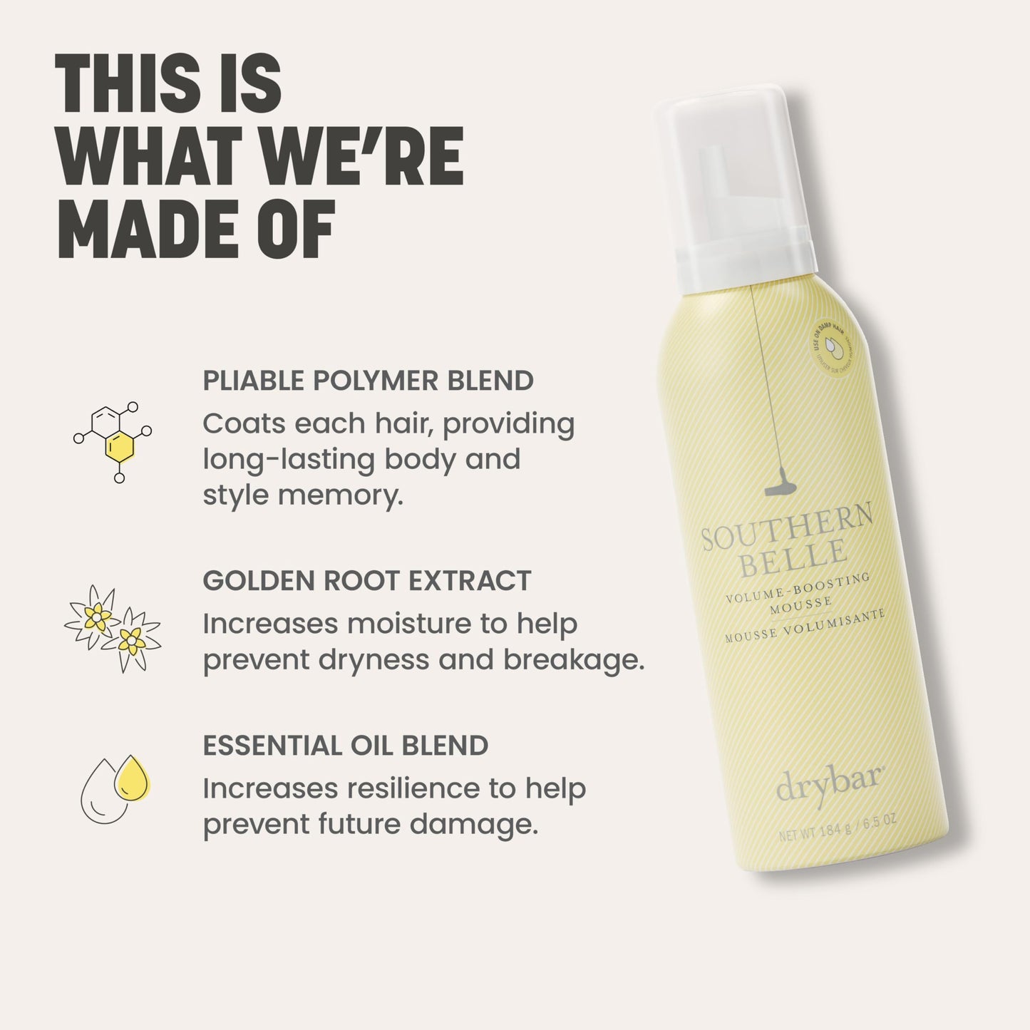 Drybar Southern Belle Volume-Boosting Mousse Travel Size | Adds Body & Shine, Smooths Hair, Prevents Frizz & Damage for Lasting Style