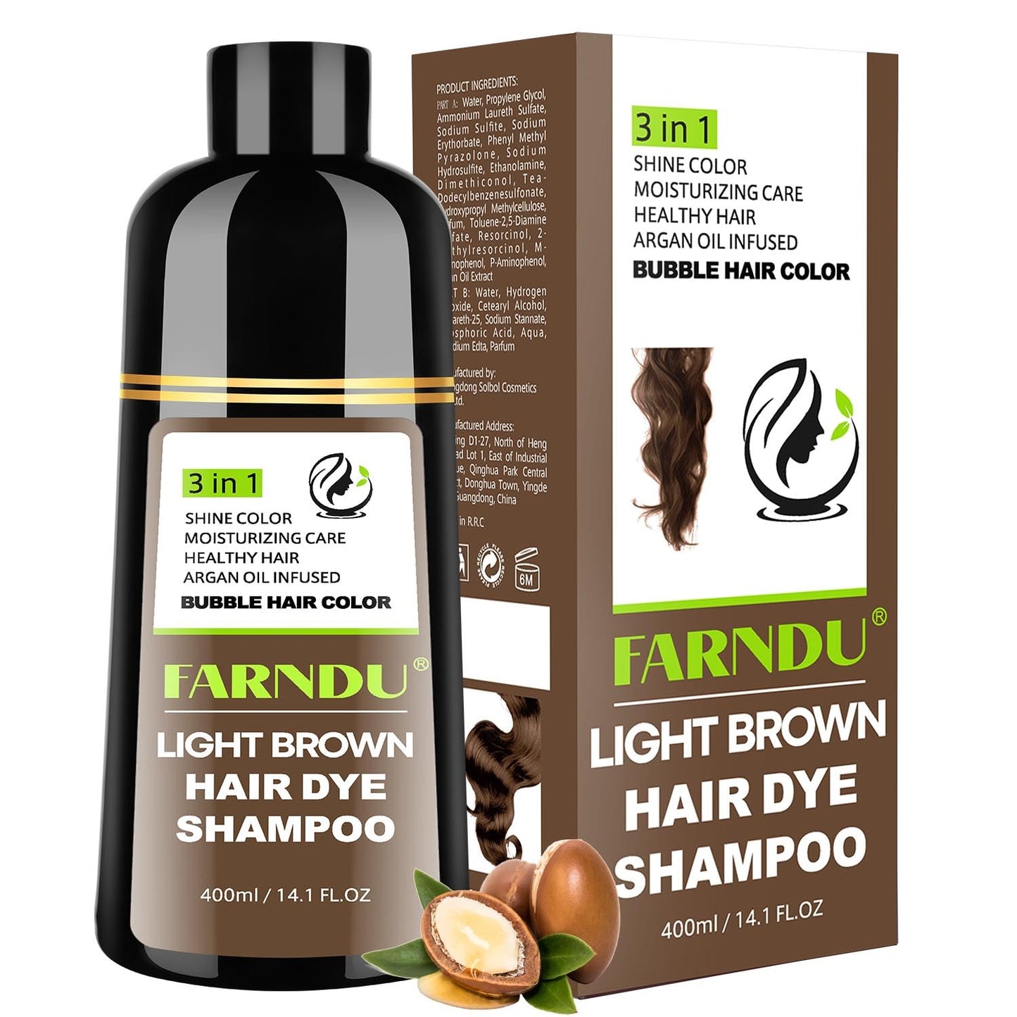 DYEING 221 BC FARNDU Light Brown Hair Dye Shampoo for Gray Hair Coverage - 3 In 1 Natural Hair Color Shampoo for Women & Men, Champu Para Canas Mujer