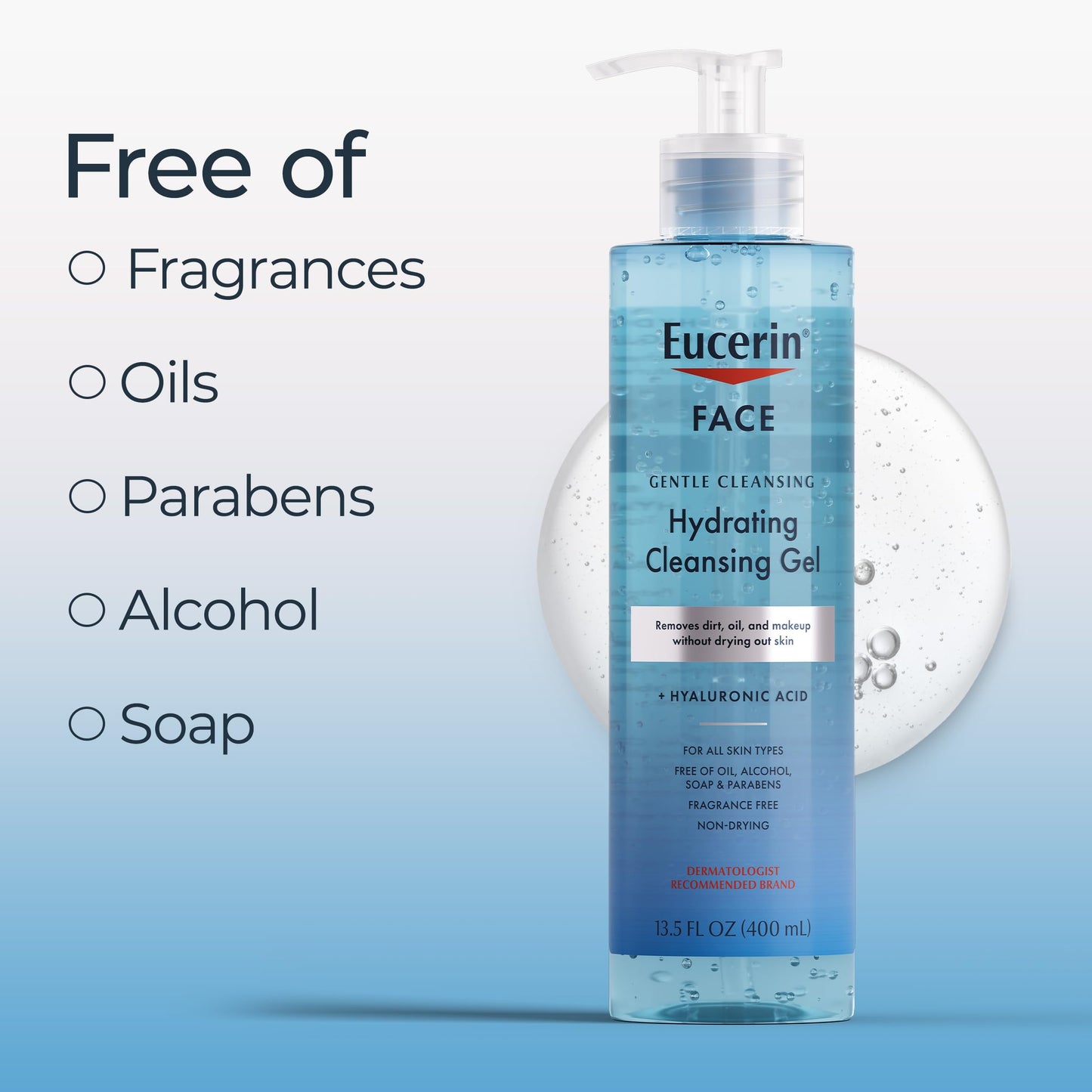 Eucerin Face Gentle Cleansing Hydrating Cleansing Gel, Daily Face Wash and Makeup Remover with Hyaluronic Acid, 13.5 Fl Oz Bottle