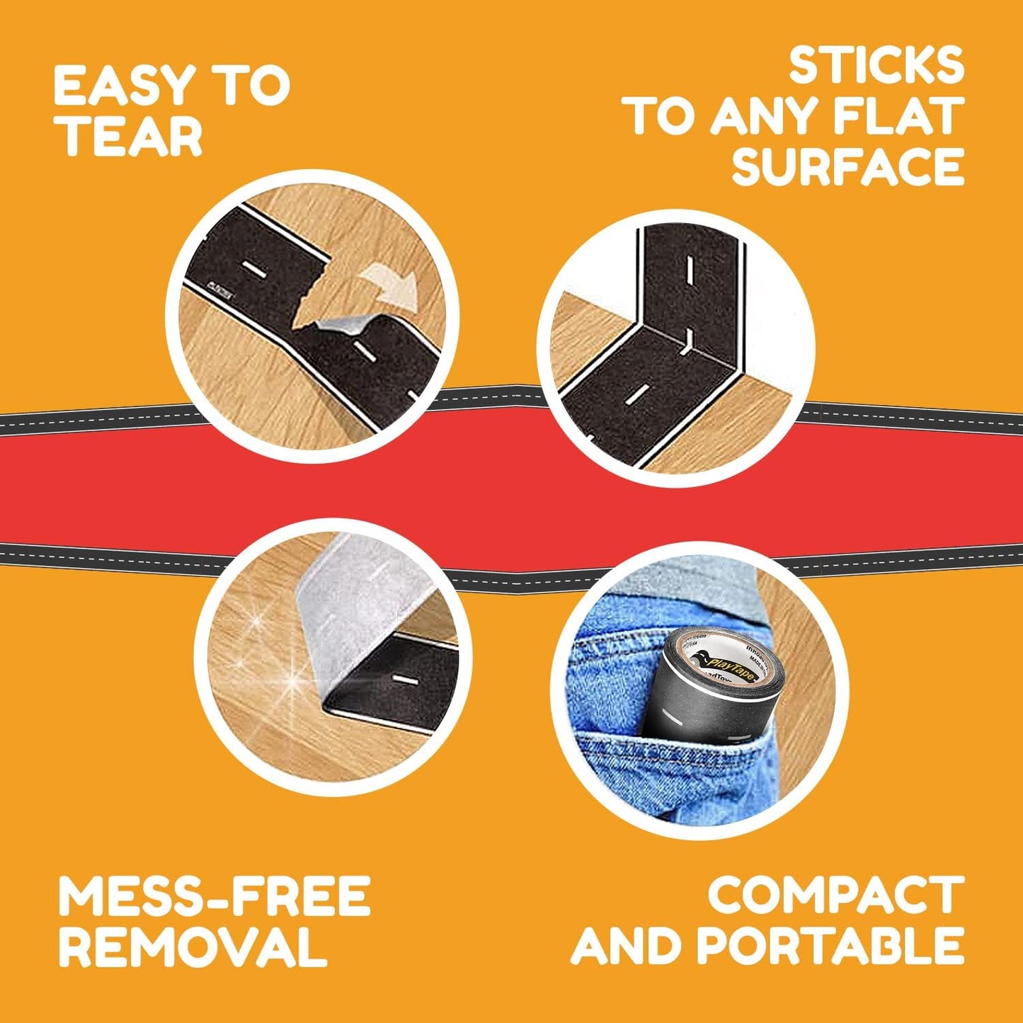 PlayTape Road Tape for Toy Cars - Sticks to Flat Surfaces, No Residue; 2 inch Wide x 30 ft Asphalt Road