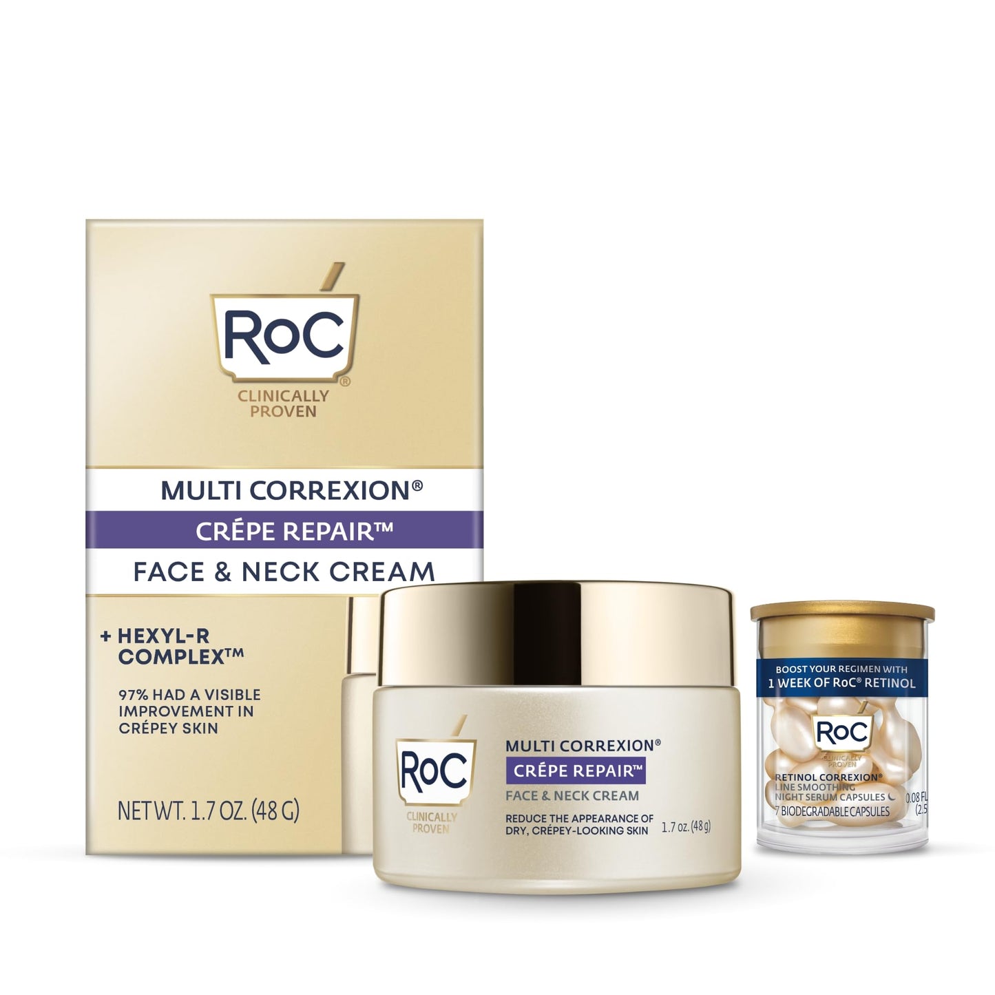 RoC Crepe Repair Daily Face & Neck Moisturizer 1.7oz + Retinol Wrinkle Smoothing Capsules 7ct – Anti-Aging Skincare for Men & Women