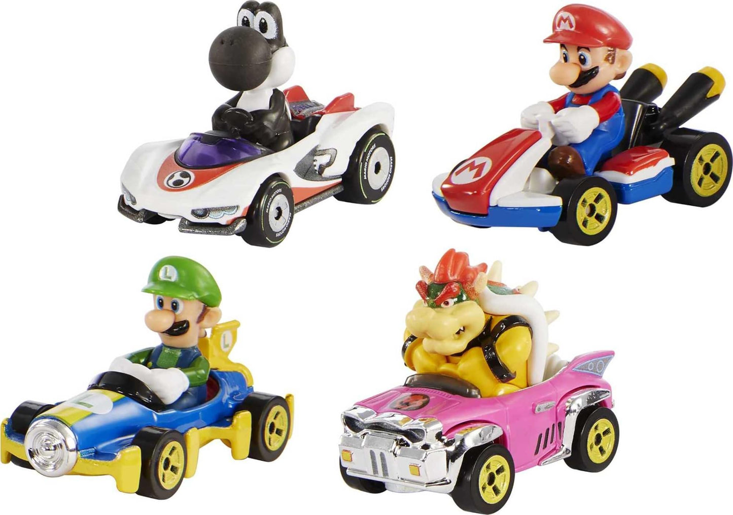 Hot Wheels Mario Kart Set of 4 Die-Cast Toy Cars with Attached Character Drivers, Includes Black Yoshi (Amazon Exclusive)