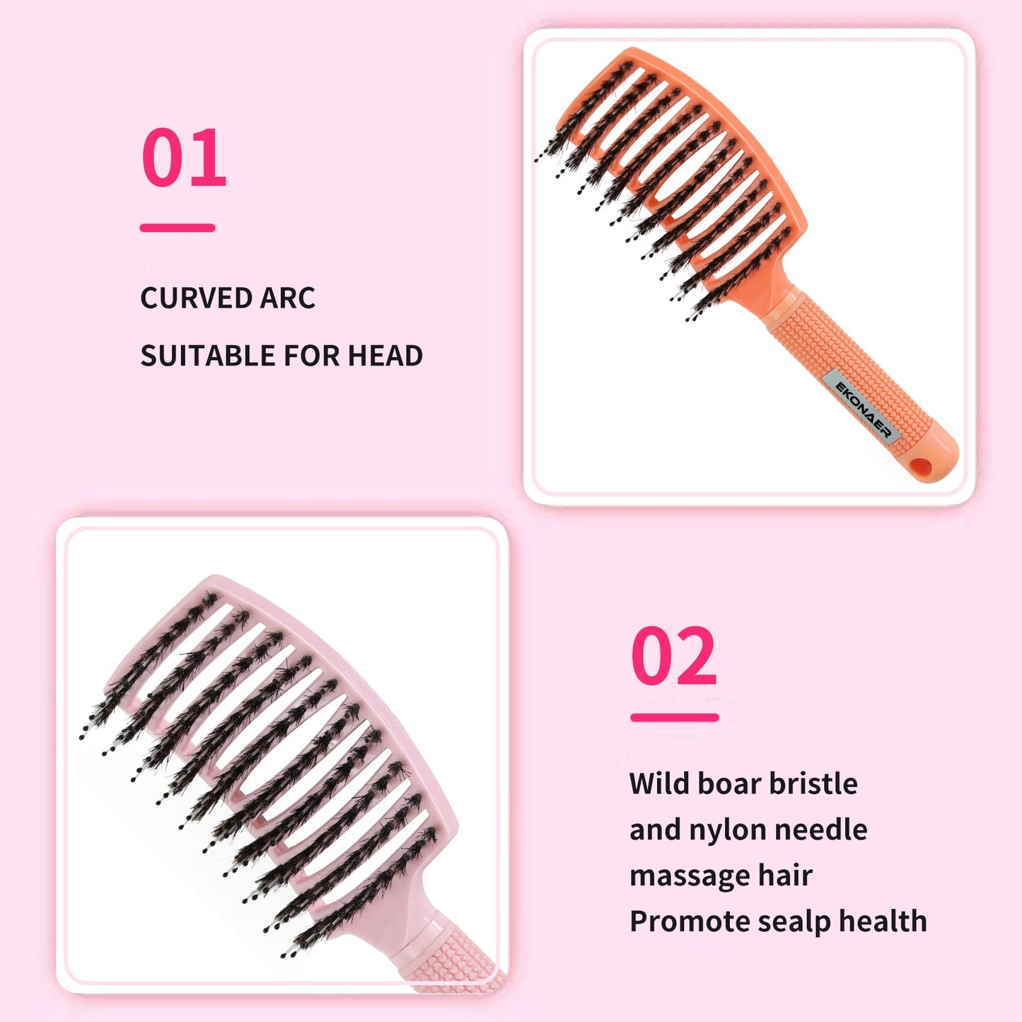 EKONAER 3 Pack Vented Quick-Dry Detangler Brush Set with Boar Bristles – Curved Massage Hair Brushes for Women with Long, Thick, Thin, or Curly Hair (Green)