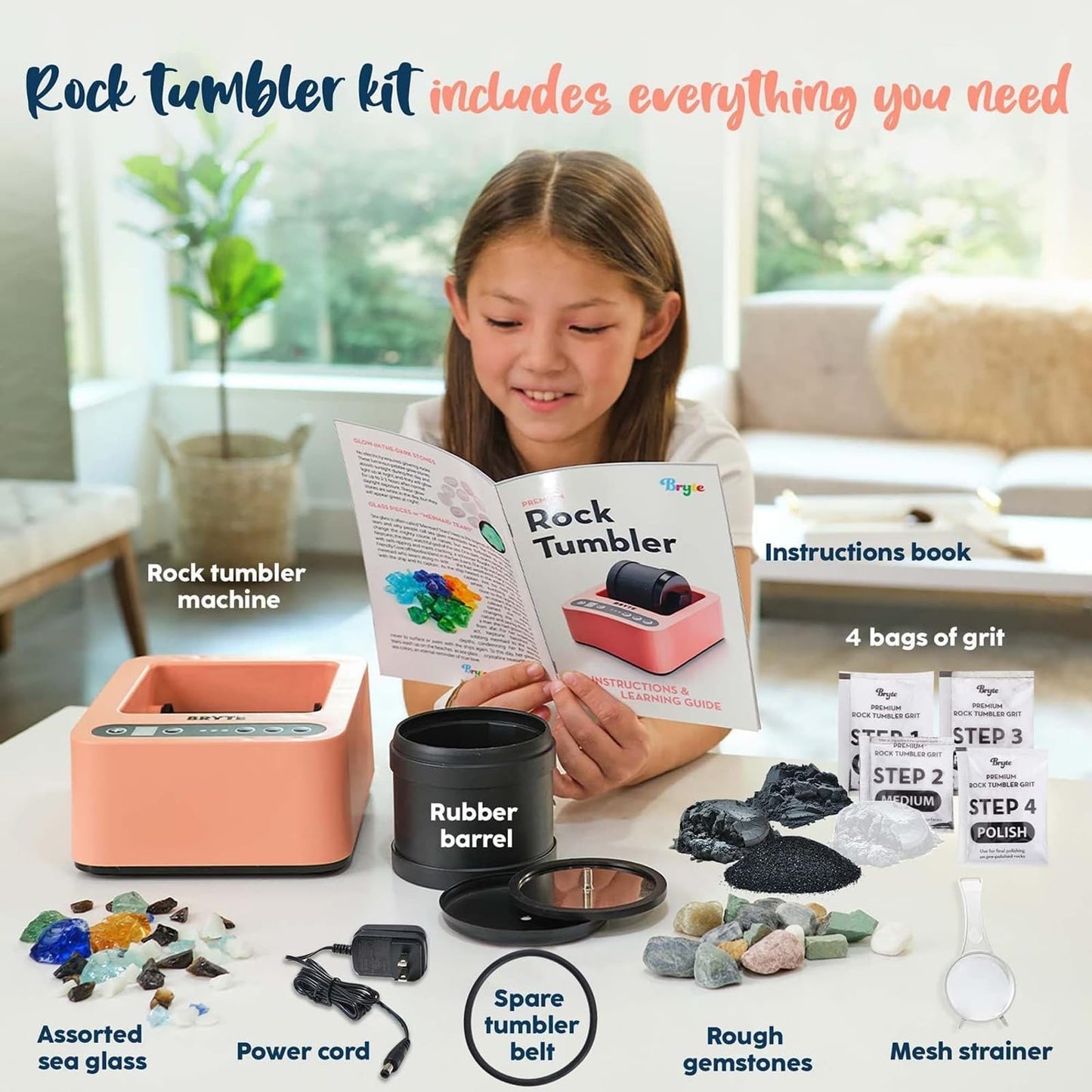 BRYTE Pink Rock Tumbler – 3 Speeds, 9-Day Digital Timer, Self-Cooling Motor, Dual Injection, Professional Polisher Kit for Kids & Adults