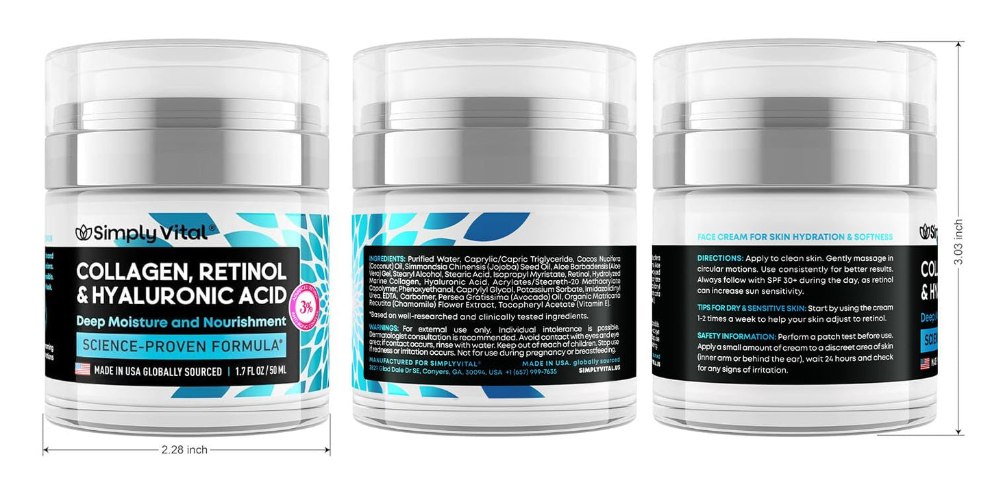 SimplyVital Collagen Retinol & Hyaluronic Acid Cream - Anti-Aging Face, Neck & Décolleté Moisturizer, Day & Night, 1.7 fl oz