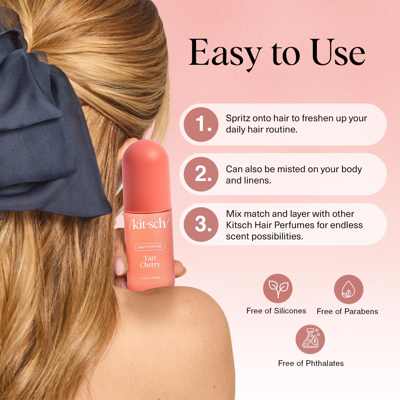 Kitsch Hair Perfume for Women – Tart Cherry | Deodorizing Hair & Body Mist with Odor-Eliminating Tech | Fruity Vanilla Scent, 50mL