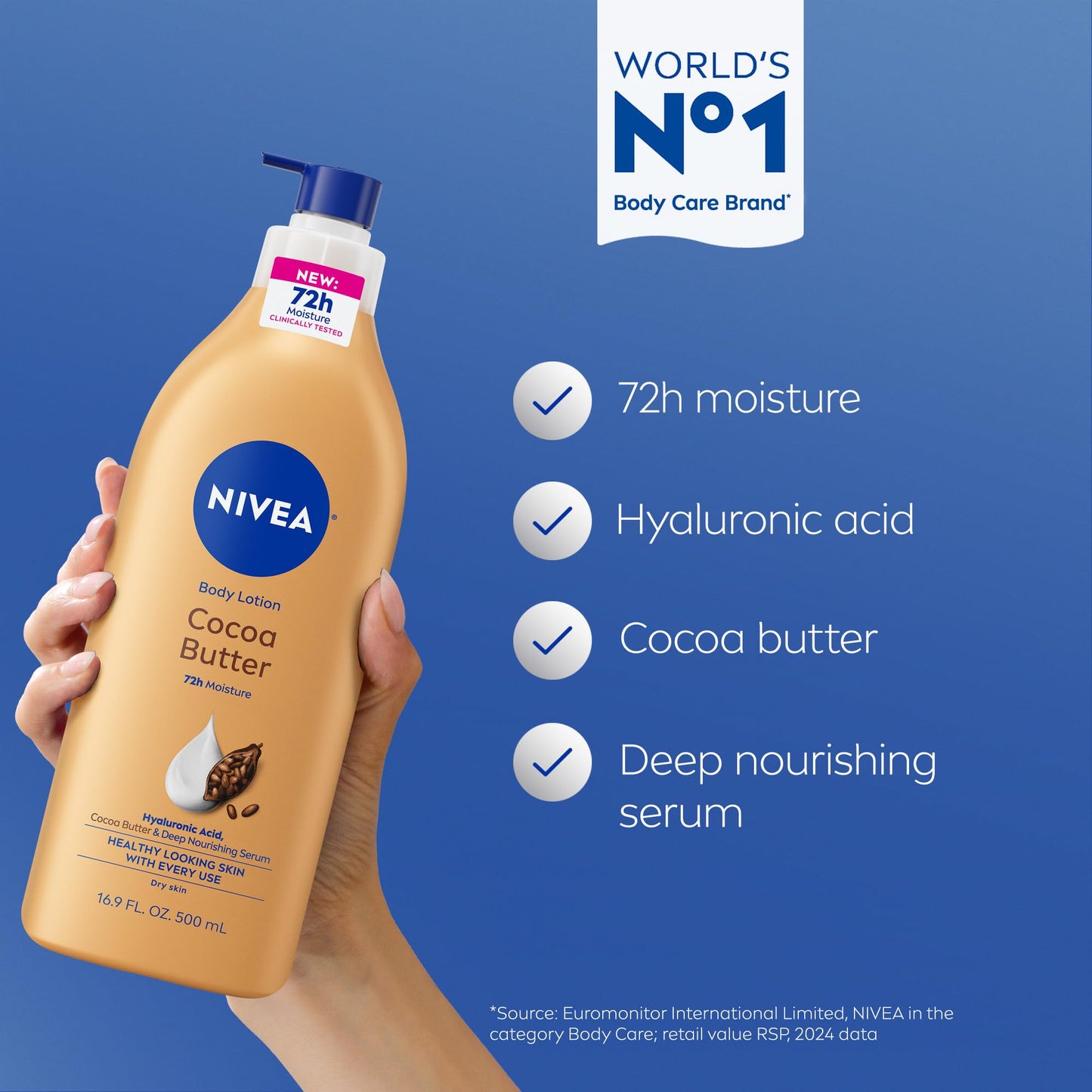 NIVEA Cocoa Butter Body Lotion for Dry Skin – Deep Moisturizing with Hyaluronic Acid & Cocoa Butter, 72-Hour Hydration, 16.9 fl oz Pump