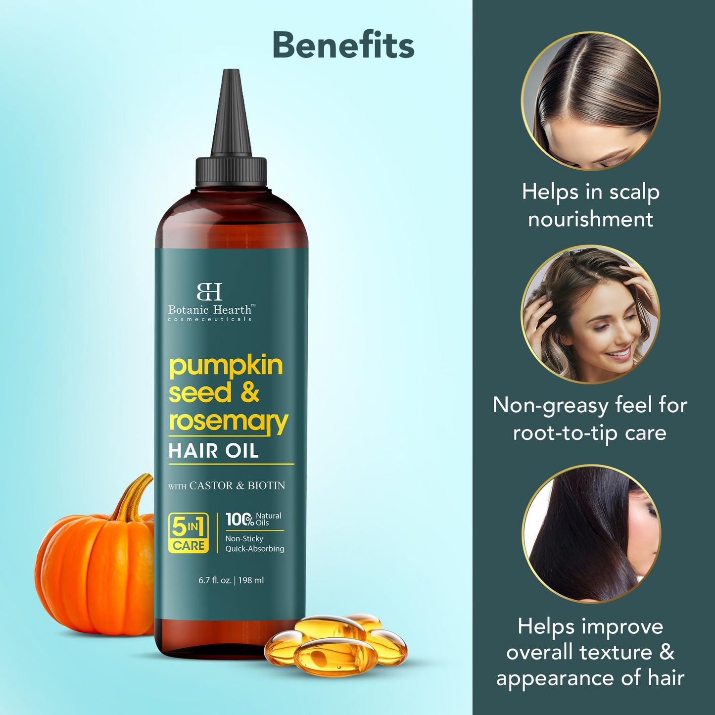 Botanic Hearth Rosemary Hair Growth Oil with Pumpkin Oil - 100% Pure Hair Tonic for Dry, Damaged Hair - Strengthening & Nourishing, 6.7 fl oz