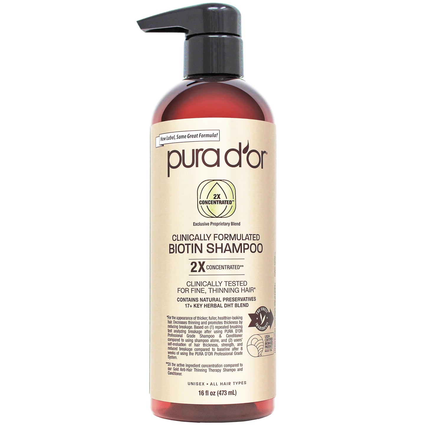 PURA D'OR Professional Biotin Shampoo 16oz | 2X Concentrated DHT Blocker | Clinically Proven Anti-Thinning & Hair Thickening Formula for Men & Women