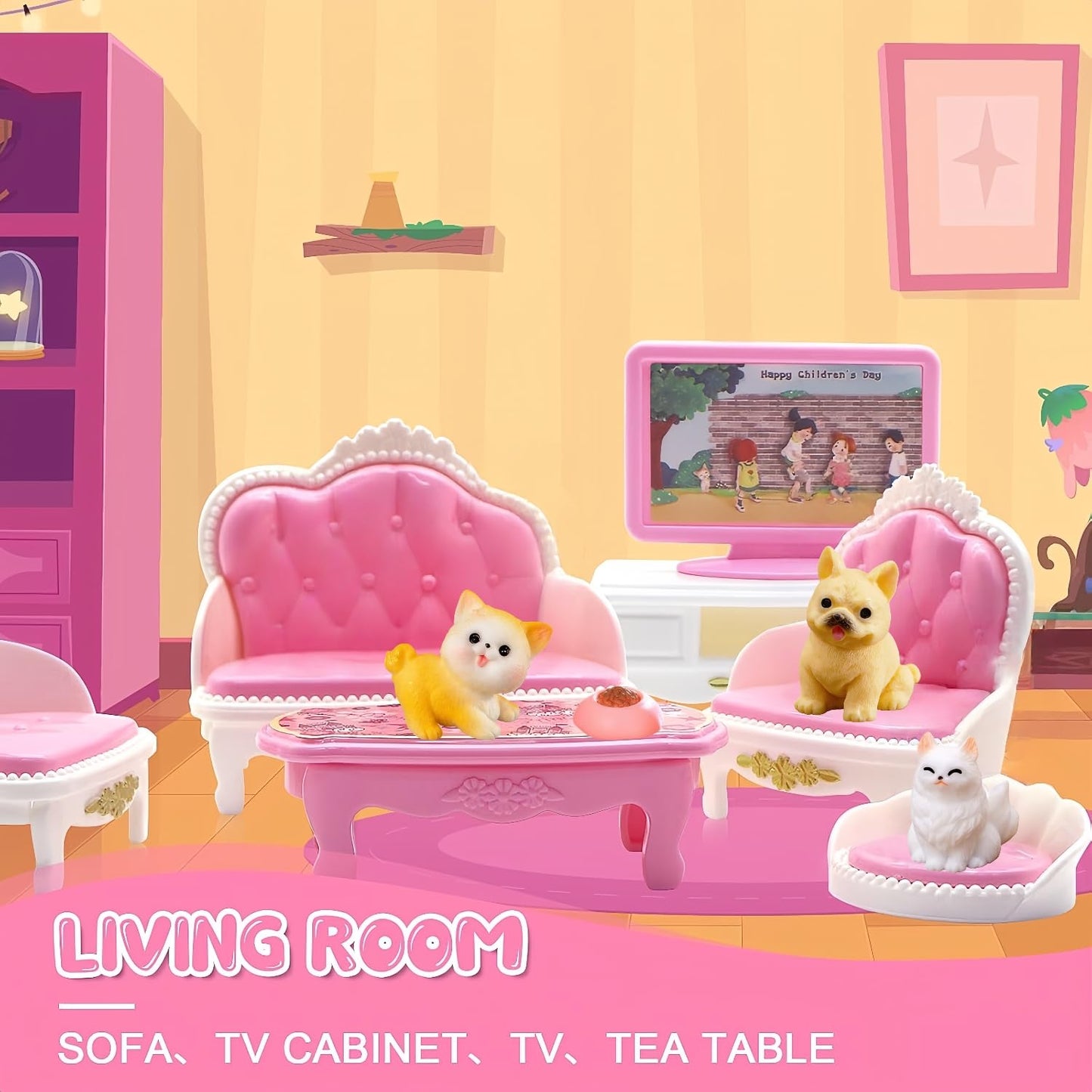 36Pcs Miniature Dollhouse Furniture Set 1:12 Scale with Cat & Dog - Kitchen, Living, Dining, Bedroom Accessories for Playhouse Toy (Pink)