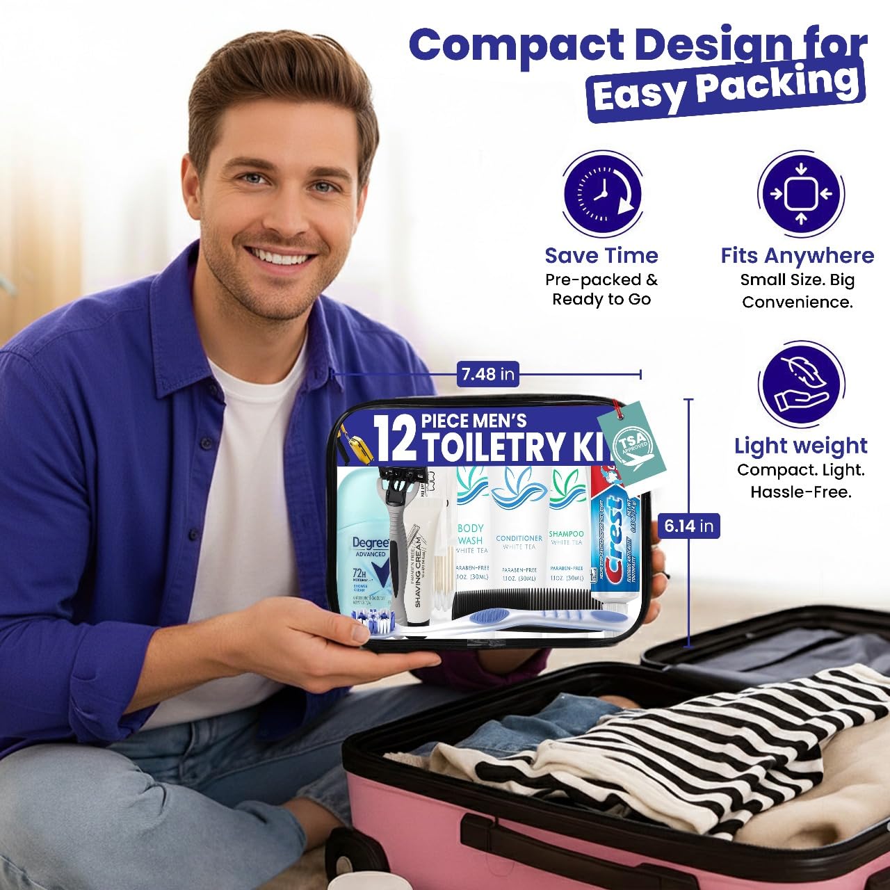 TrekTote Travel Toiletry Kit for Men – 12-Piece TSA-Compliant Set with Shampoo, Conditioner, Body Wash & Travel Bag Essentials