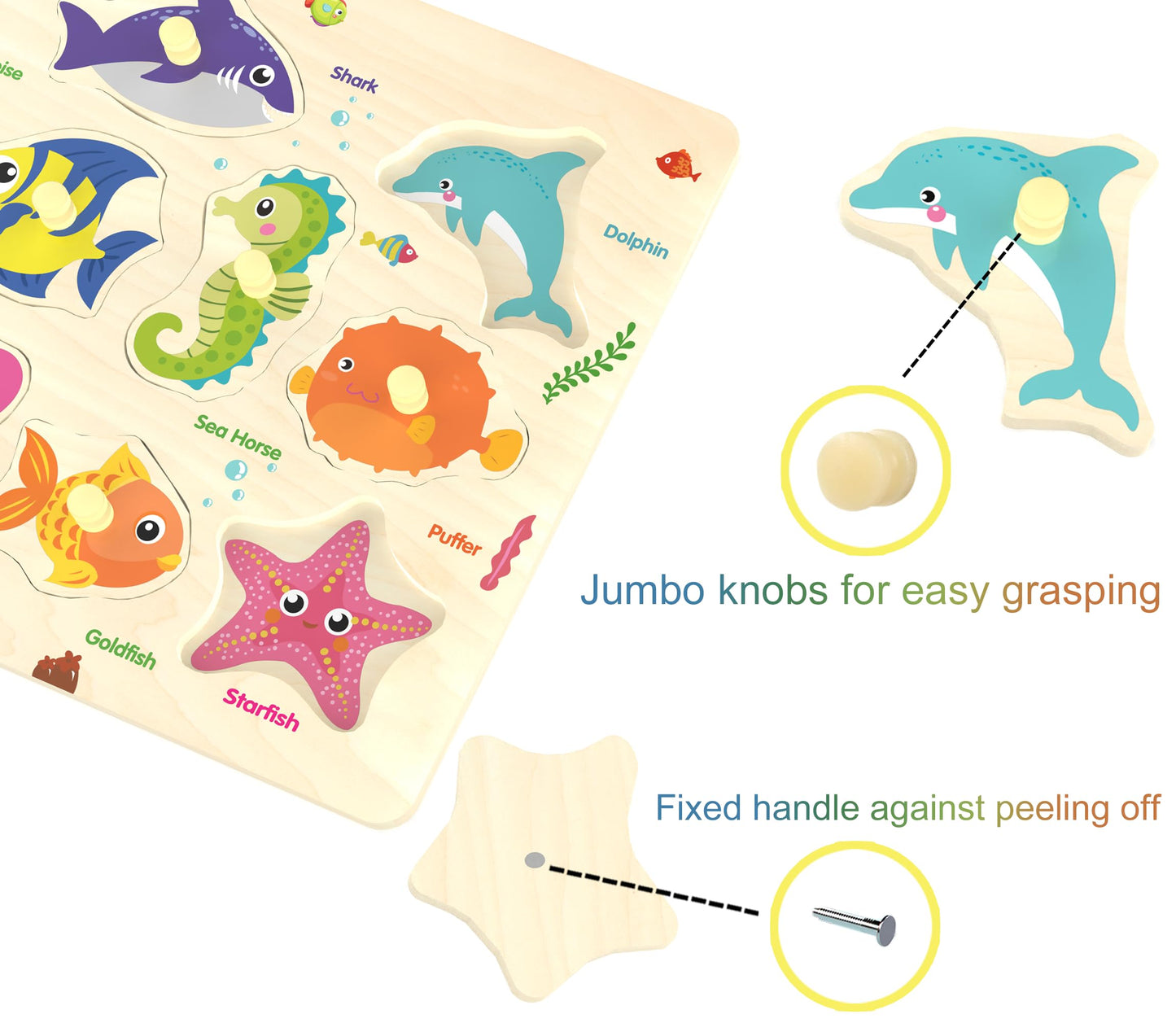 Wooden Peg Puzzle – Sea Creature Chunky Baby Puzzle with 11 Colorful Pieces, Shape & Animal Knob Board for Educational Toddlers 18+ Months