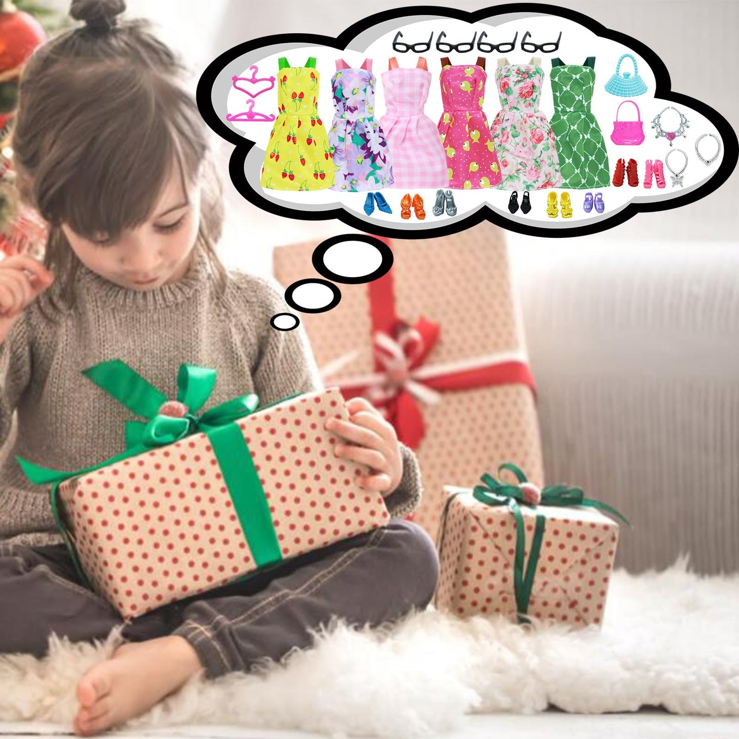 BJDBUS 42-Pc Doll Clothes & Accessories Set for 11.5" Dolls – 10 Mini Dresses, 32 Shoes, Glasses, Necklaces, Handbags & Hangers