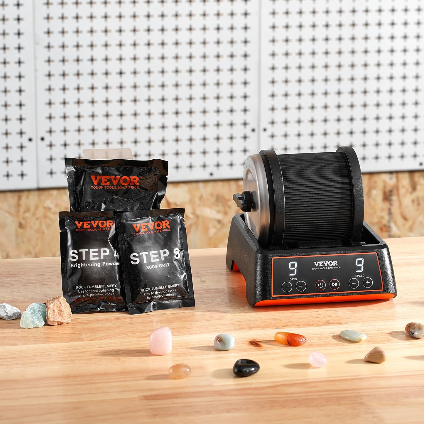 VEVOR 2.5 lbs Rock Tumbler Kit – 9-Speed, 9-Day Stone Polisher with Rough Gemstones & Polishing Grits for Adults & Kids