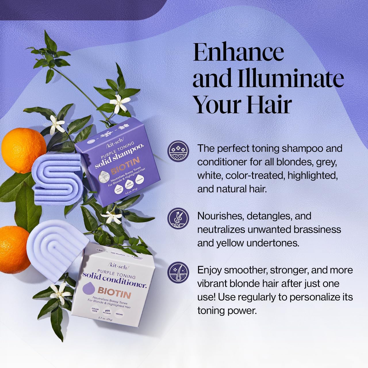 Kitsch Purple Shampoo & Conditioner Bar Set for Blonde & Color-Treated Hair – Biotin Strengthening, Anti-Brass, Vegan & Sulfate Free, Made in USA