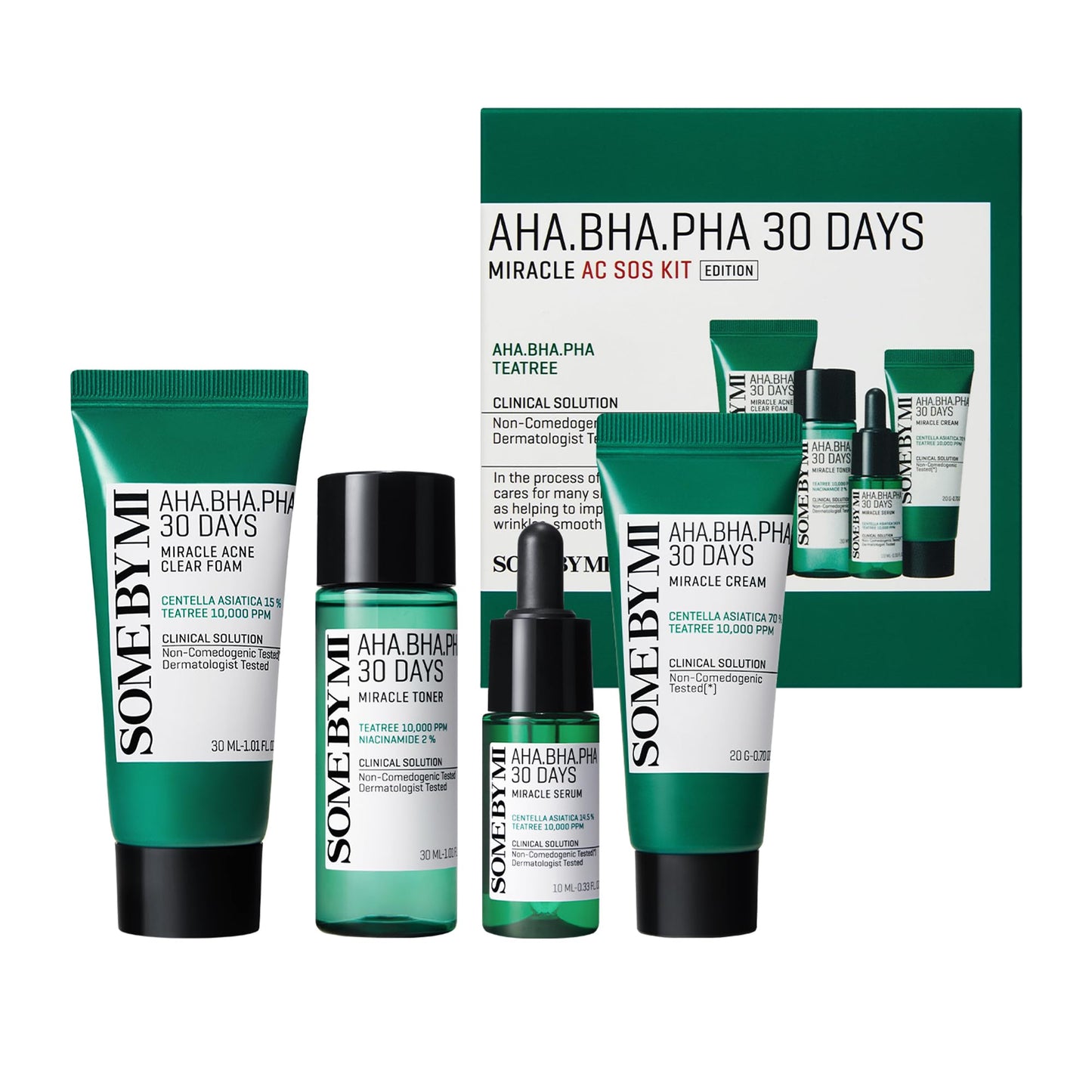 SOME BY MI AHA BHA PHA 30 Days Miracle AC SOS Kit – Exfoliating Korean Skin Care Set with Toner, Serum, Cream & Foam for Oily, Acne-Prone Skin