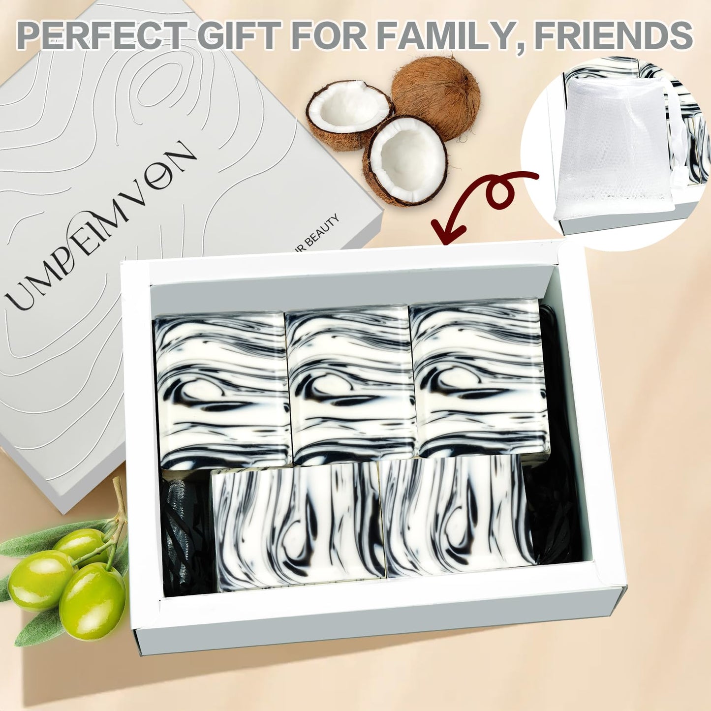 Umpeimvon 5-Pack Handmade Castile Soap Bars – Organic Olive & Coconut Oil, Cold Process, Natural Moisturizing Soap for Men & Women, 3.53 oz