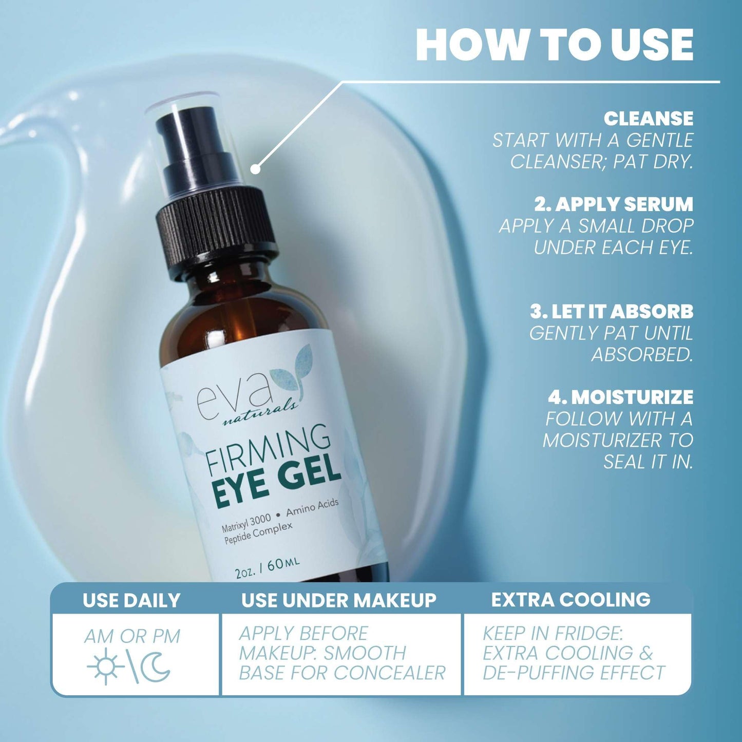 Eva Naturals Eye Gel – Anti-Aging Under Eye Treatment with Peptides, Hyaluronic Acid & Botanicals for Dark Circles, Puffiness & Wrinkles, 2 oz